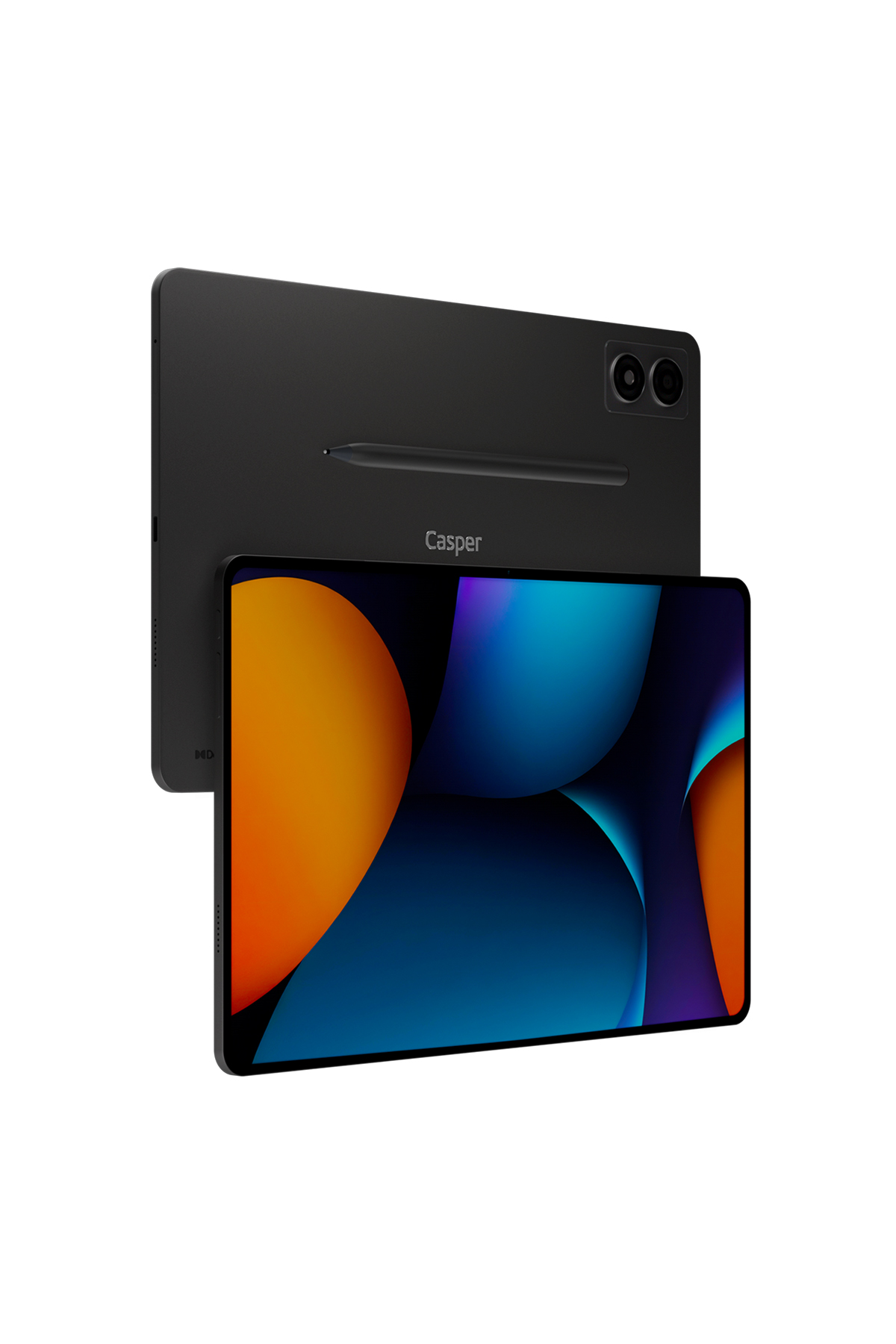 Siyah bir Casper tablet, ekranında turuncu ve mavi soyut bir görüntü bulunan bir kalem ve arkasında iki kamera.