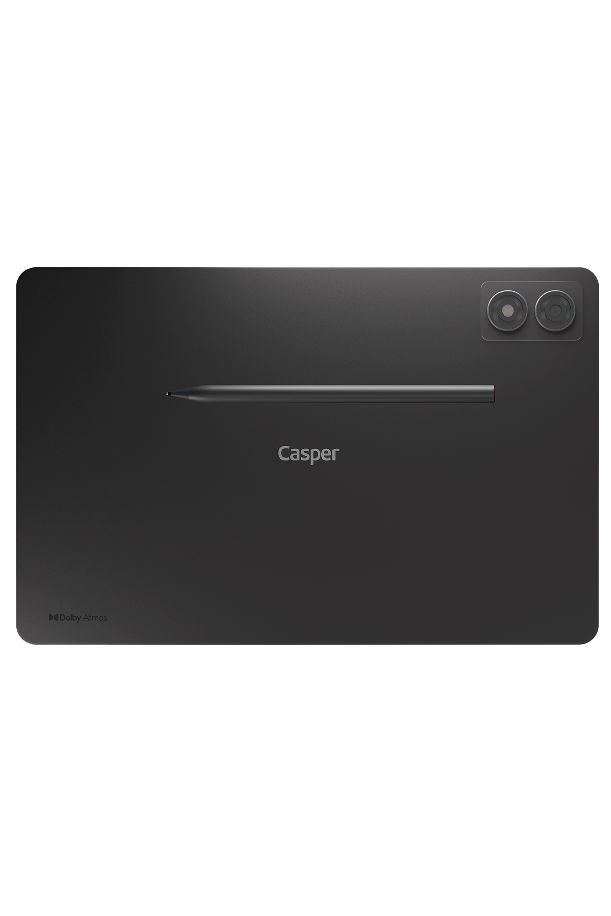 Siyah bir tablet, kalem ve kamera. Tablette Casper logosu ve Dolby Atmos markası bulunuyor.