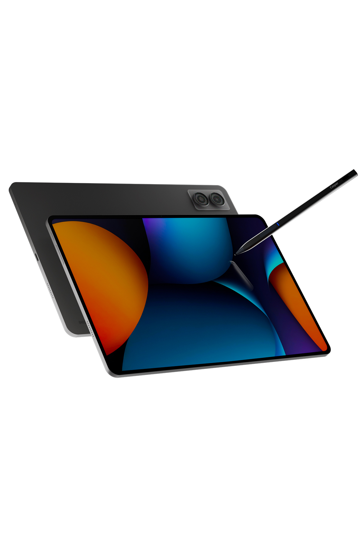 Siyah bir tablet ve bir kalem gösteriliyor. Tablet renkli bir ekrana sahip. Arka planda başka bir tablet ve beyaz bir yüzey var.