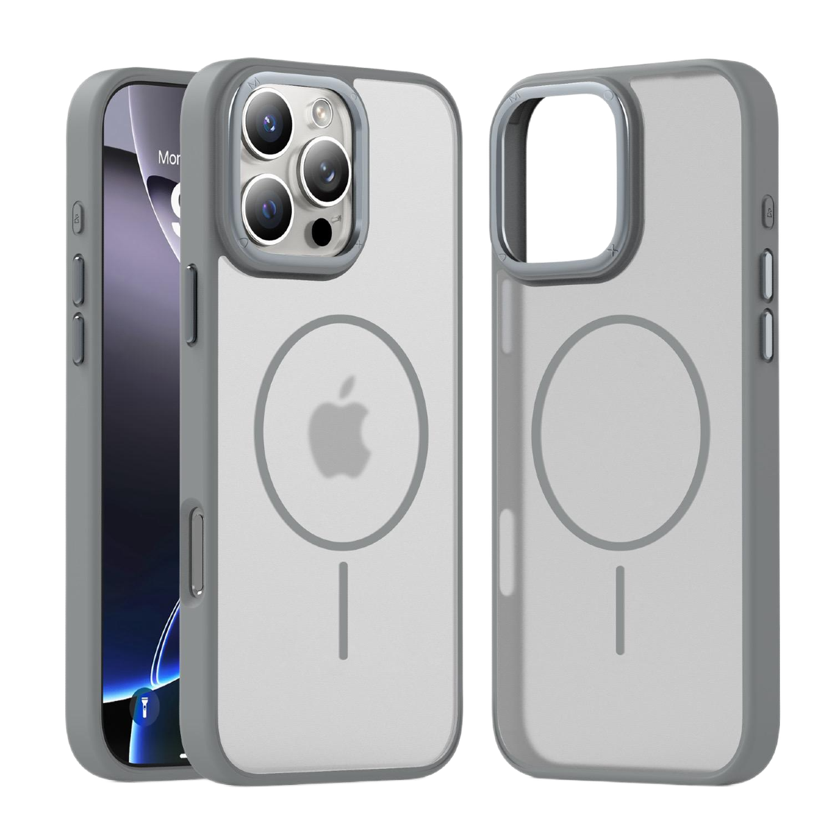Üç iPhone kılıfı. Soldaki telefon ekranını gösteriyor, diğerleri gri çerçeveler ve Apple logosu ile şeffaf.