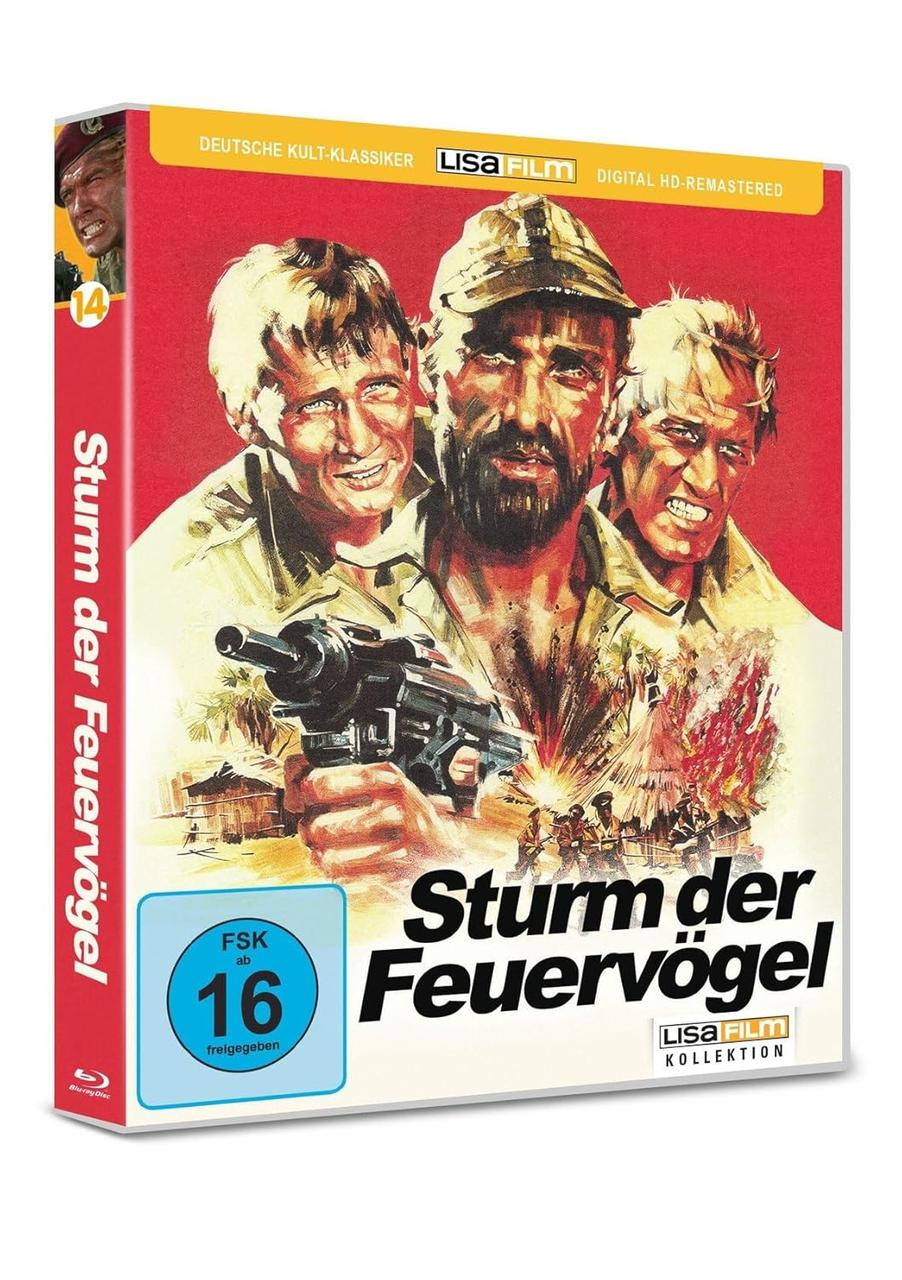 DVD-Cover. Drei Männer mit wütenden Ausdrücken halten eine Waffe. Titel: "Sturm der Feuervögel". Hintergrund: Explosion und Soldaten.
