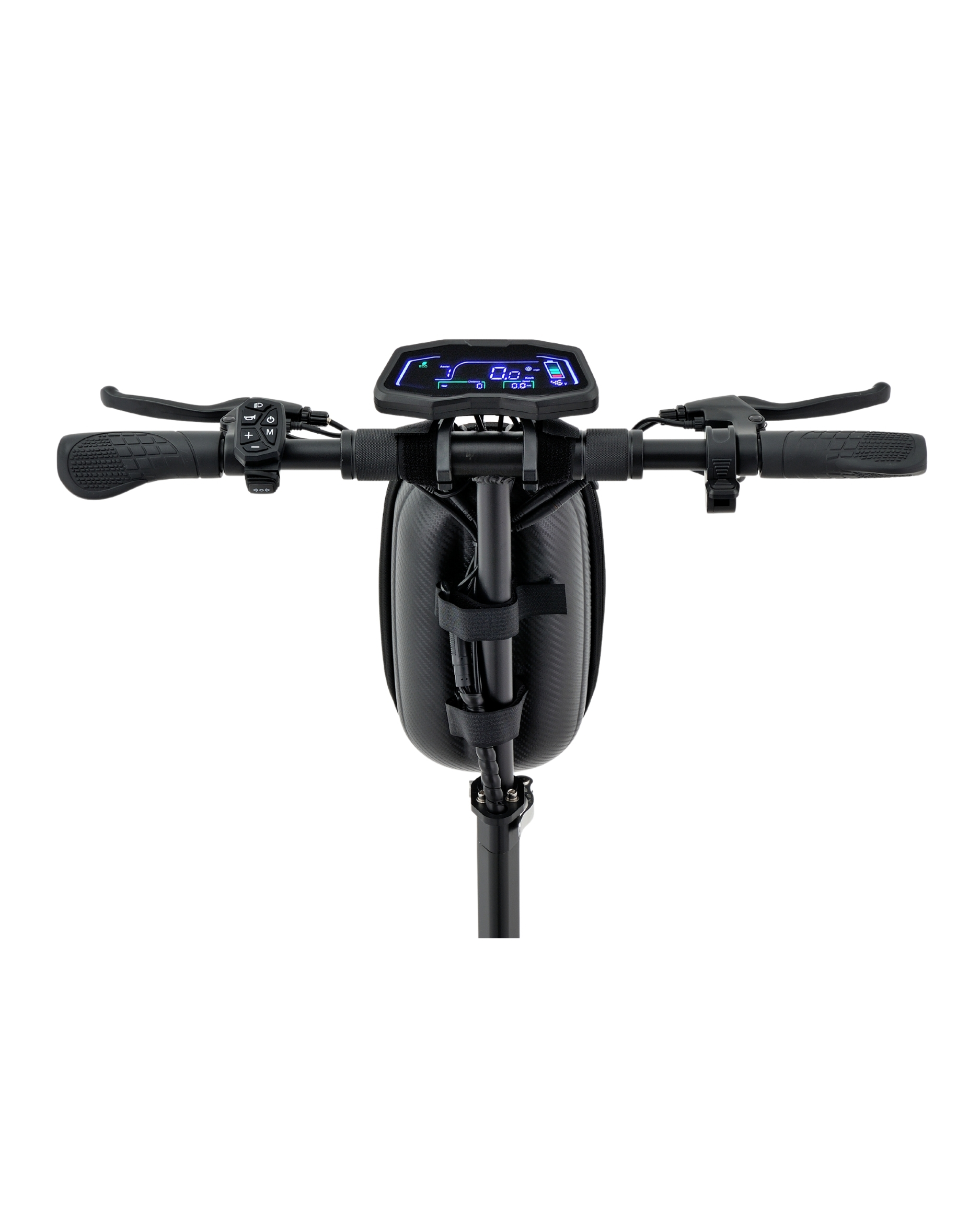 Hız ve pil ömrünü gösteren bir ekrana sahip elektrikli scooter'ın gidonu. Kontroller ve bir çanta var.