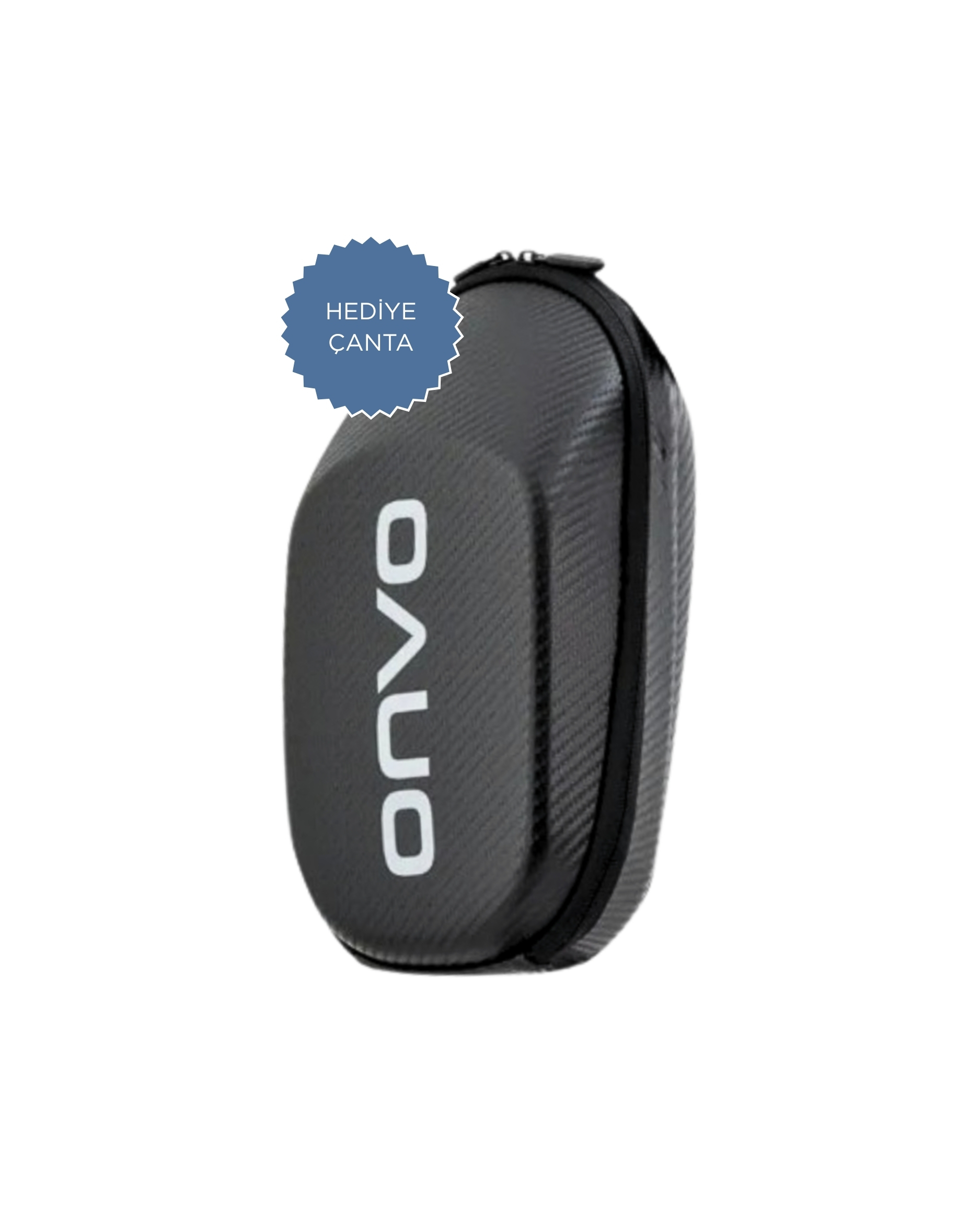 Beyaz 'ONVO' yazısı ve mavi hediye etiketi olan siyah, oval bir kılıf.