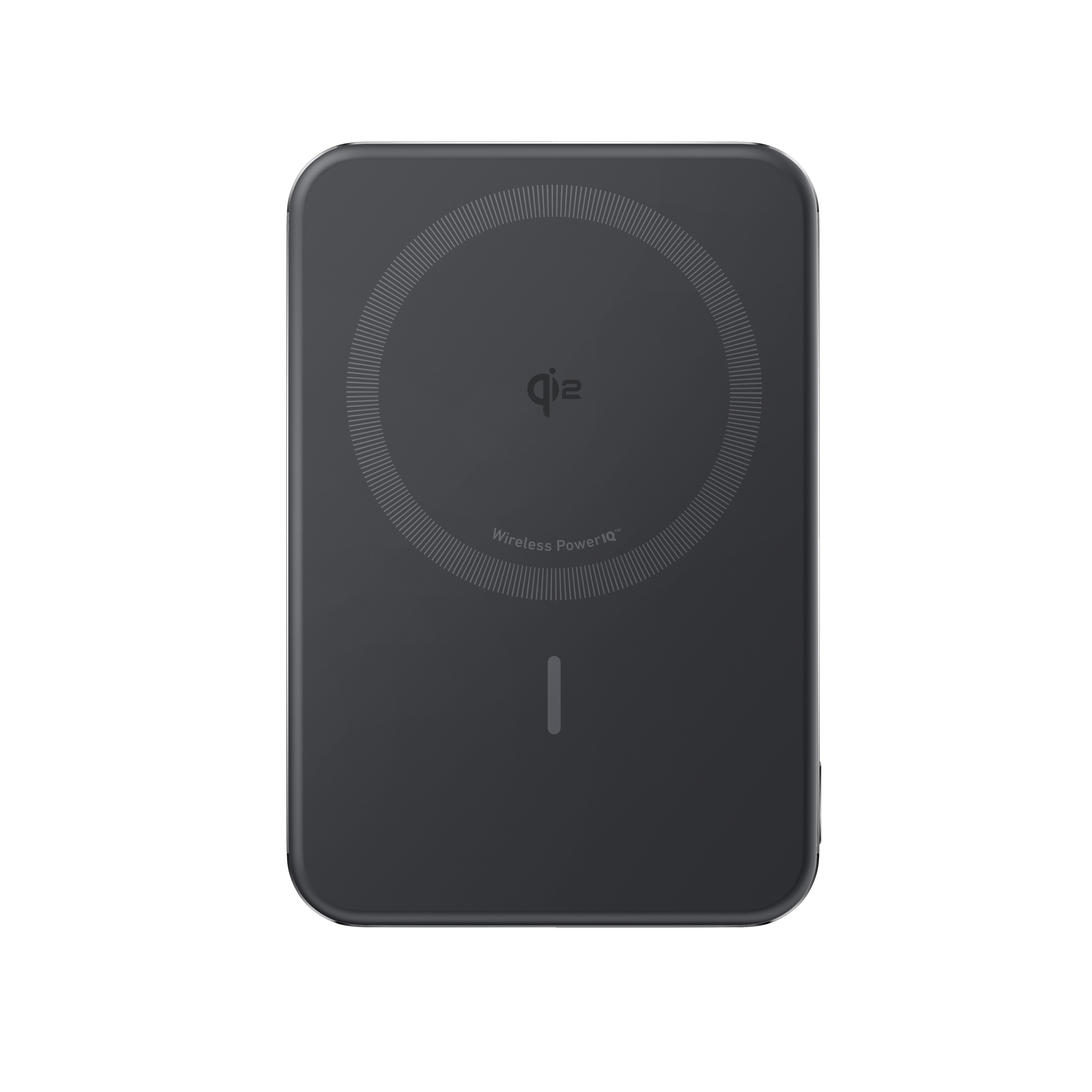 Ein schwarzes kabelloses Ladegerät mit kreisförmigem Design oben, dem Wireless PowerIQ-Logo und einer vertikalen Linie darunter.
