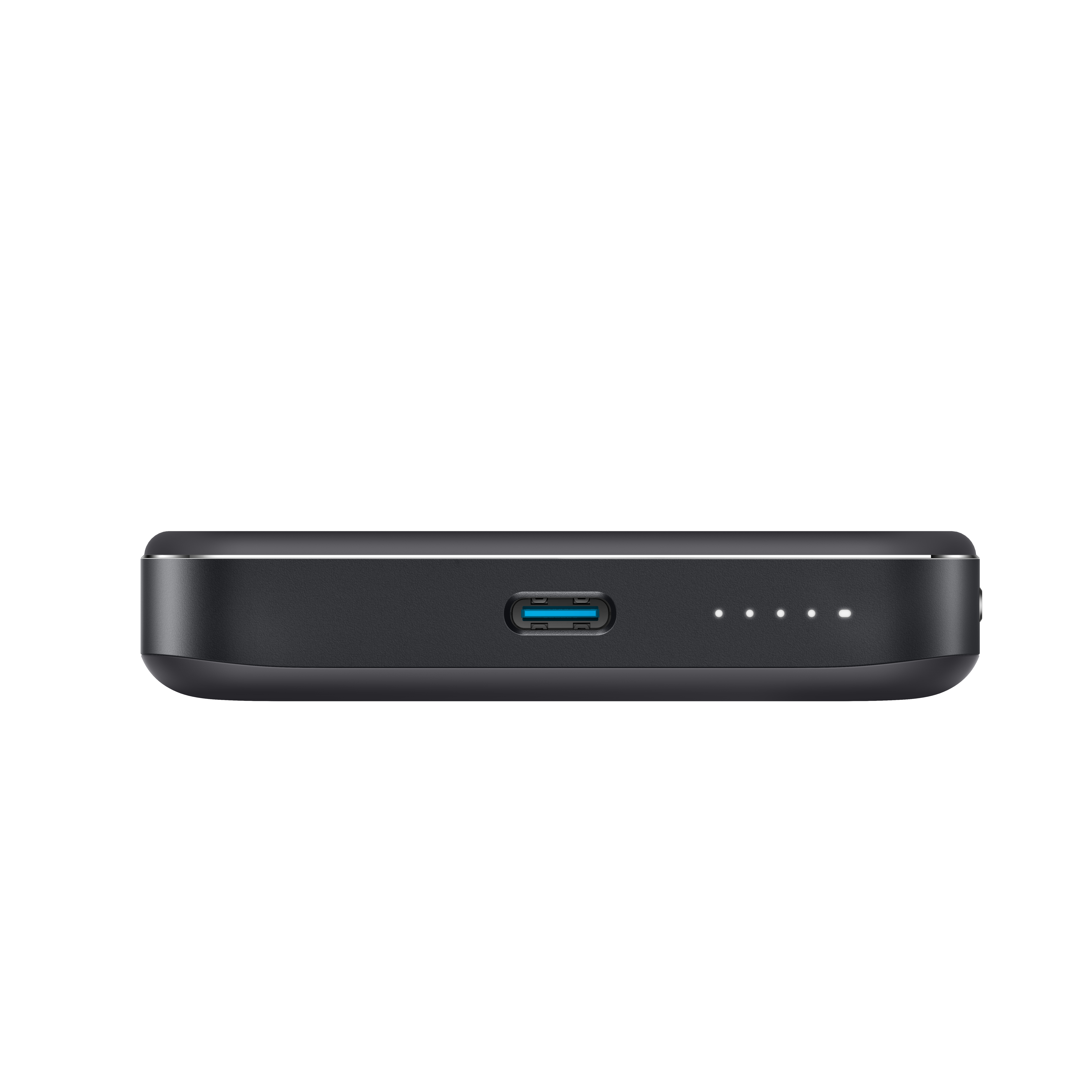 Eine schwarze, rechteckige Powerbank mit USB-Anschluss und vier Kontrollleuchten.
