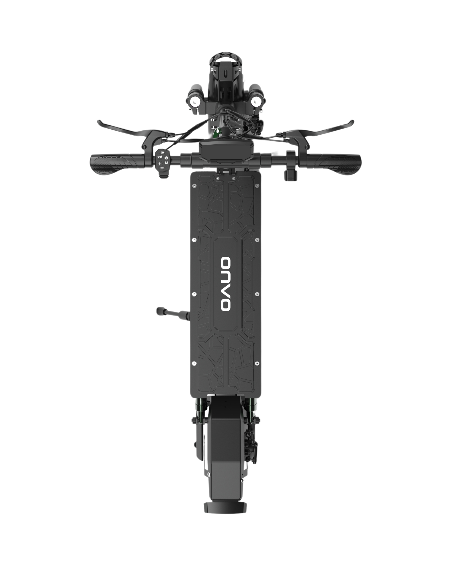 Siyah bir elektrikli scooter'ın yukarıdan görünümü. Scooter'ın gidonu, 'ONVO' markalı bir platformu ve iki ışığı var.
