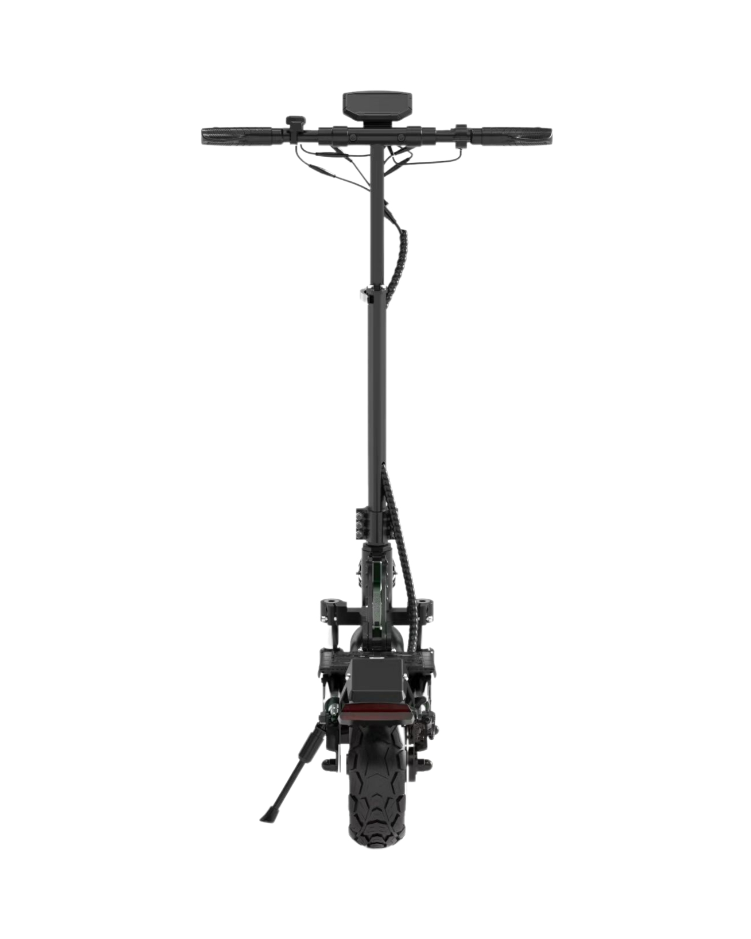 Beyaz zemin üzerinde siyah bir elektrikli scooter. Gidonları, bir ekranı, bir gövdesi, bir güvertesi ve bir arka lastiği vardır.