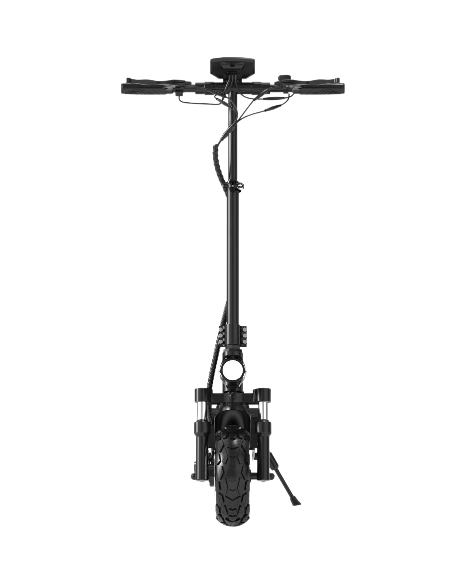 Beyaz zemin üzerinde siyah elektrikli scooter. Gidon, gidon boğazı, lastikli ön tekerlek ve bir destek ayağı var.