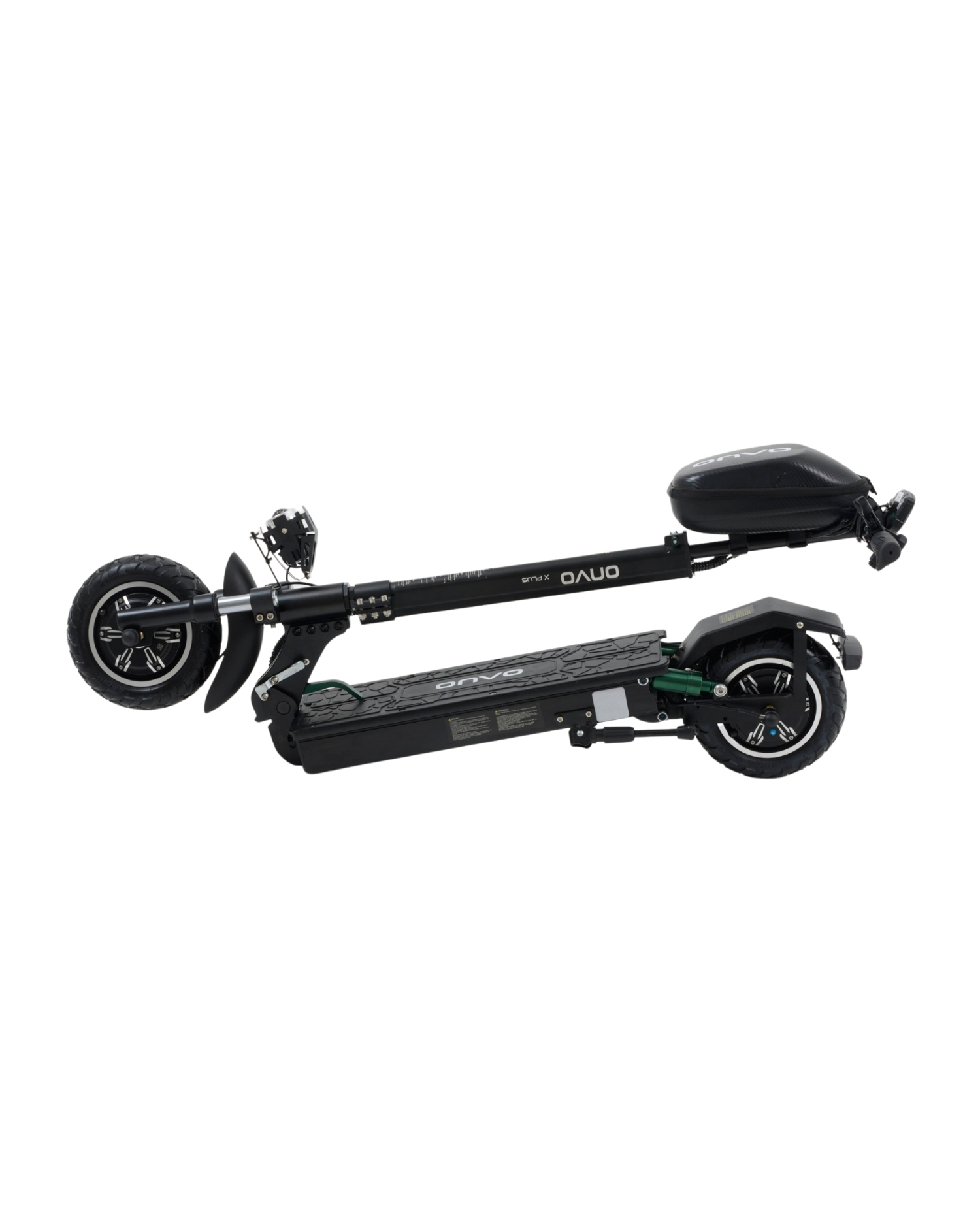 Beyaz zemin üzerinde siyah elektrikli scooter. İki tekerleği, bir koltuğu ve bir gidonu var. Marka ONVO.