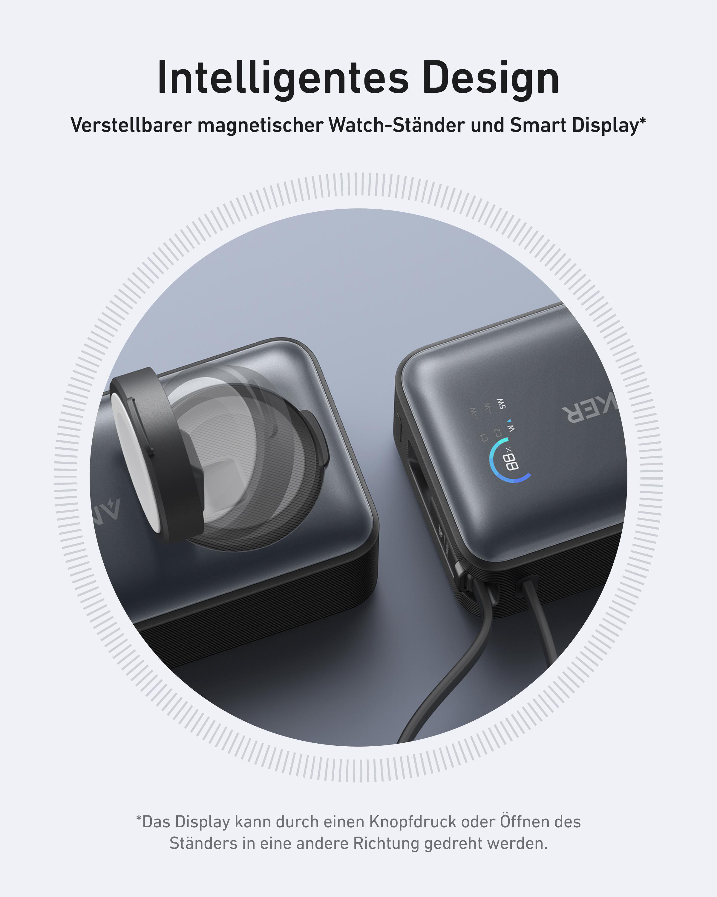Ein Ladegerät mit Uhrenständer. Es hat eine Digitalanzeige mit dem Batteriestand.