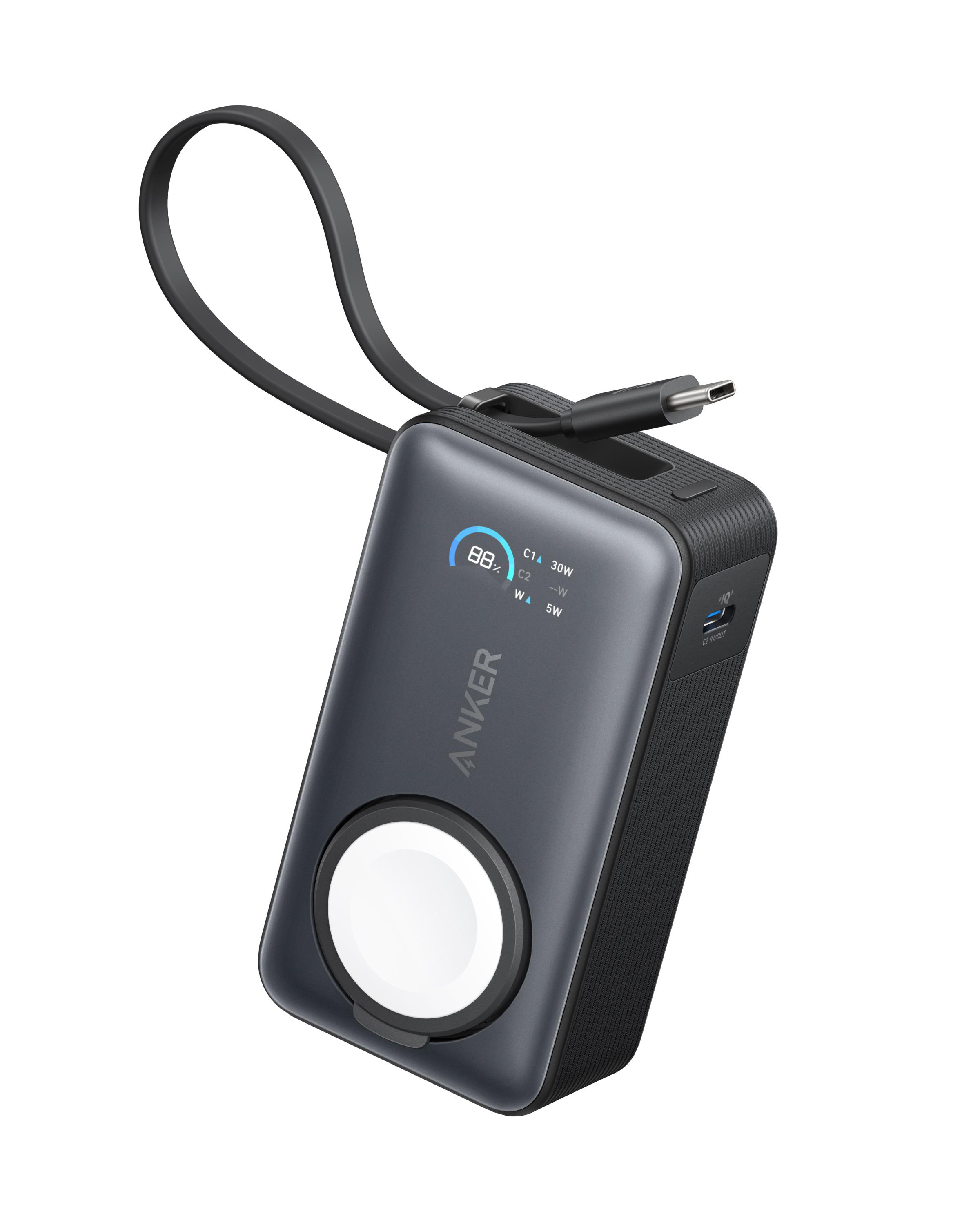 Dunkelgraue Anker Powerbank mit schwarzem Riemen und Ladepad. Sie zeigt 88 % Ladung, Anschlüsse und das Anker-Logo.