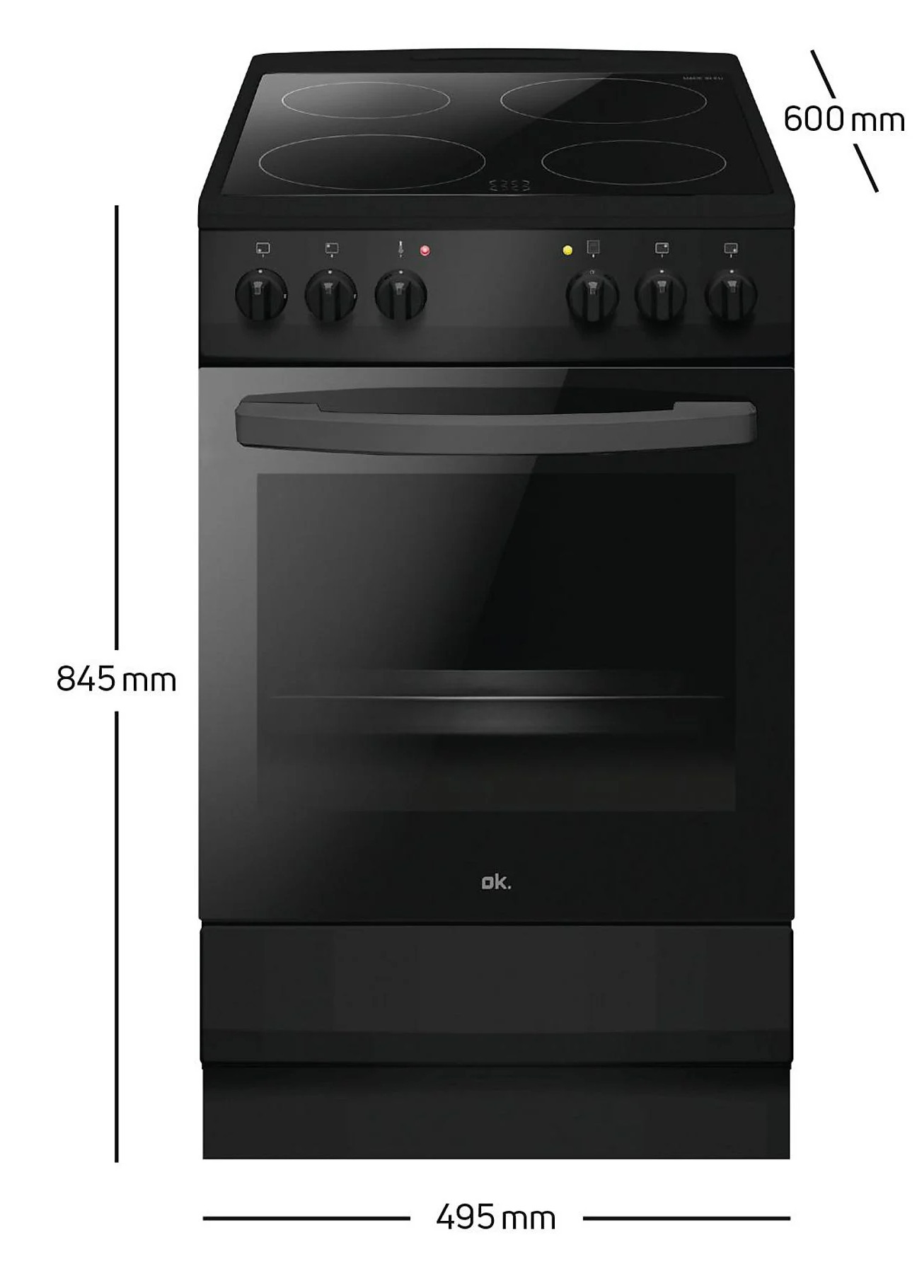 Czarny piekarnik elektryczny z czterema palnikami, pokrętłami i szklanymi drzwiami. Wymiary: 600 mm szerokości, 845 mm wysokości i 495 mm głębokości.