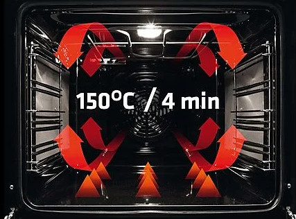 Wnętrze piekarnika z czerwonymi strzałkami pokazującymi obieg ciepła. Temperatura wynosi 150°C przez 4 minuty. Widoczne są ruszty i wentylator.