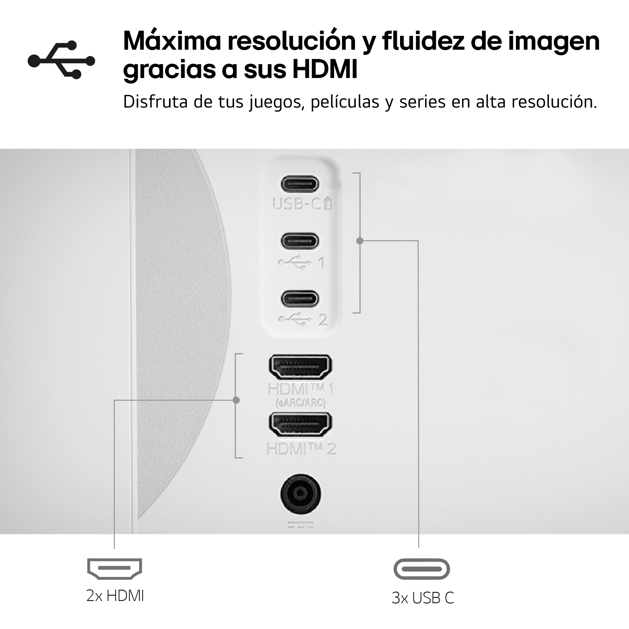 Máxima resolución y fluidez de imagen gracias a sus HDMI. Disfruta de tus juegos, películas y series en alta resolución. Puertos traseros 2 HDMI y 2 USB-A.