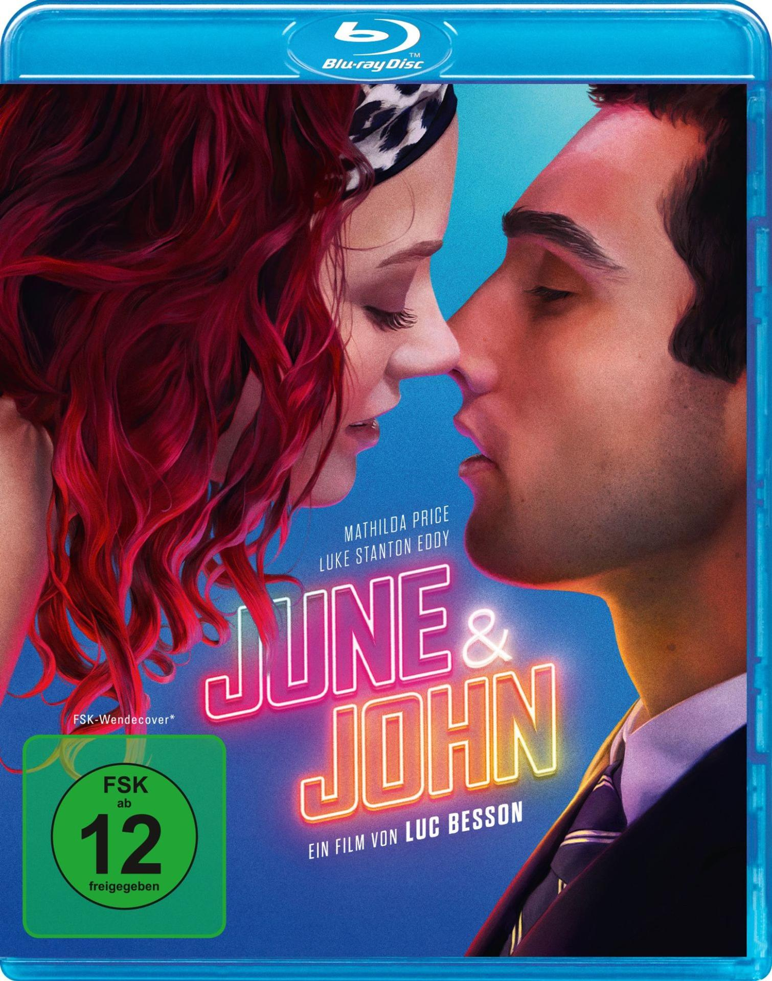 Blu-ray-Cover. Gesichter eines Paares berühren sich. Rotes Haar und der Neon-Titel "June & John". Unten befindet sich ein Rating-Aufkleber.
