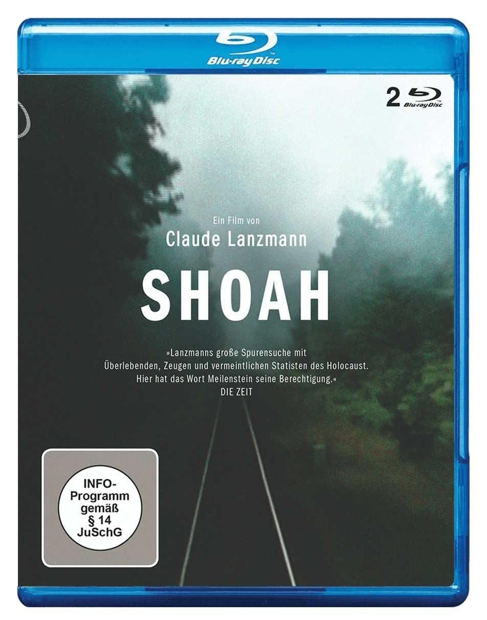 Blu-ray-Disc-Hülle für Shoah. Dunkles Bild mit Text: Shoah, Claude Lanzmann. Info-Label unten links, Blu-ray-Logo oben.