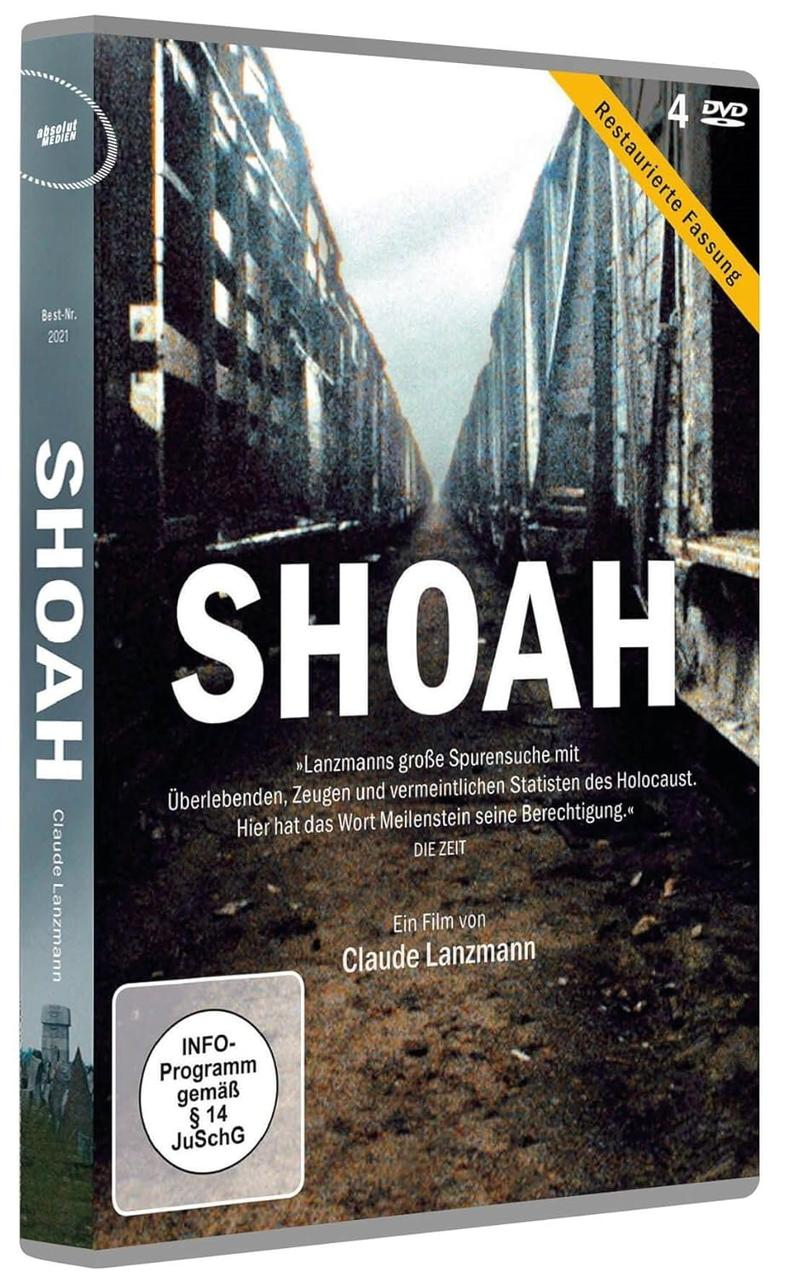 DVD-Hülle von „Shoah“. Titel prominent. Hintergrundbild zeigt Waggons. Text enthält Regisseur Claude Lanzmann.