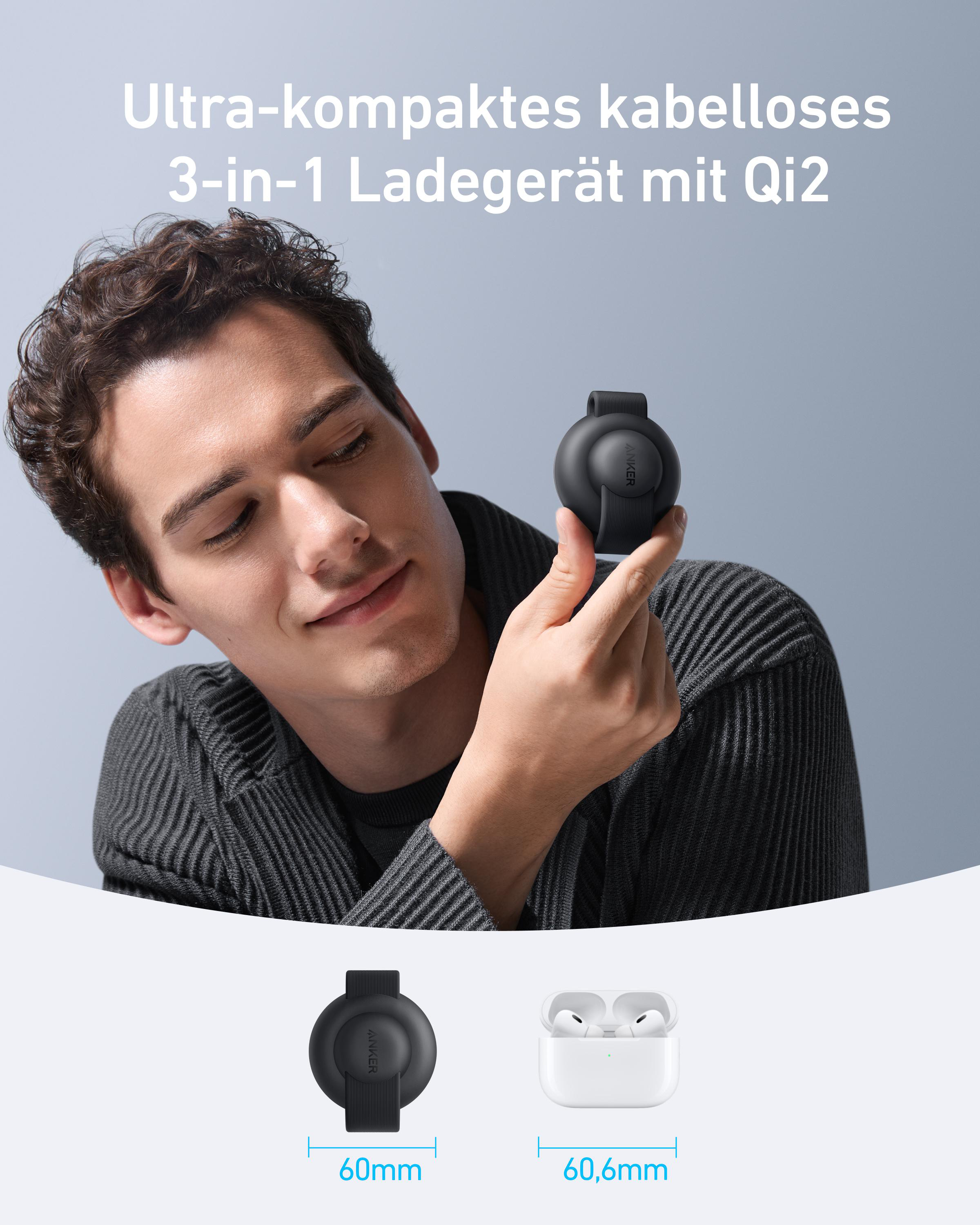 Ein Mann hält ein schwarzes kabelloses Ladegerät. Unten sind Bilder des Ladegeräts und weißer Ohrhörer. Text ist auf Deutsch.