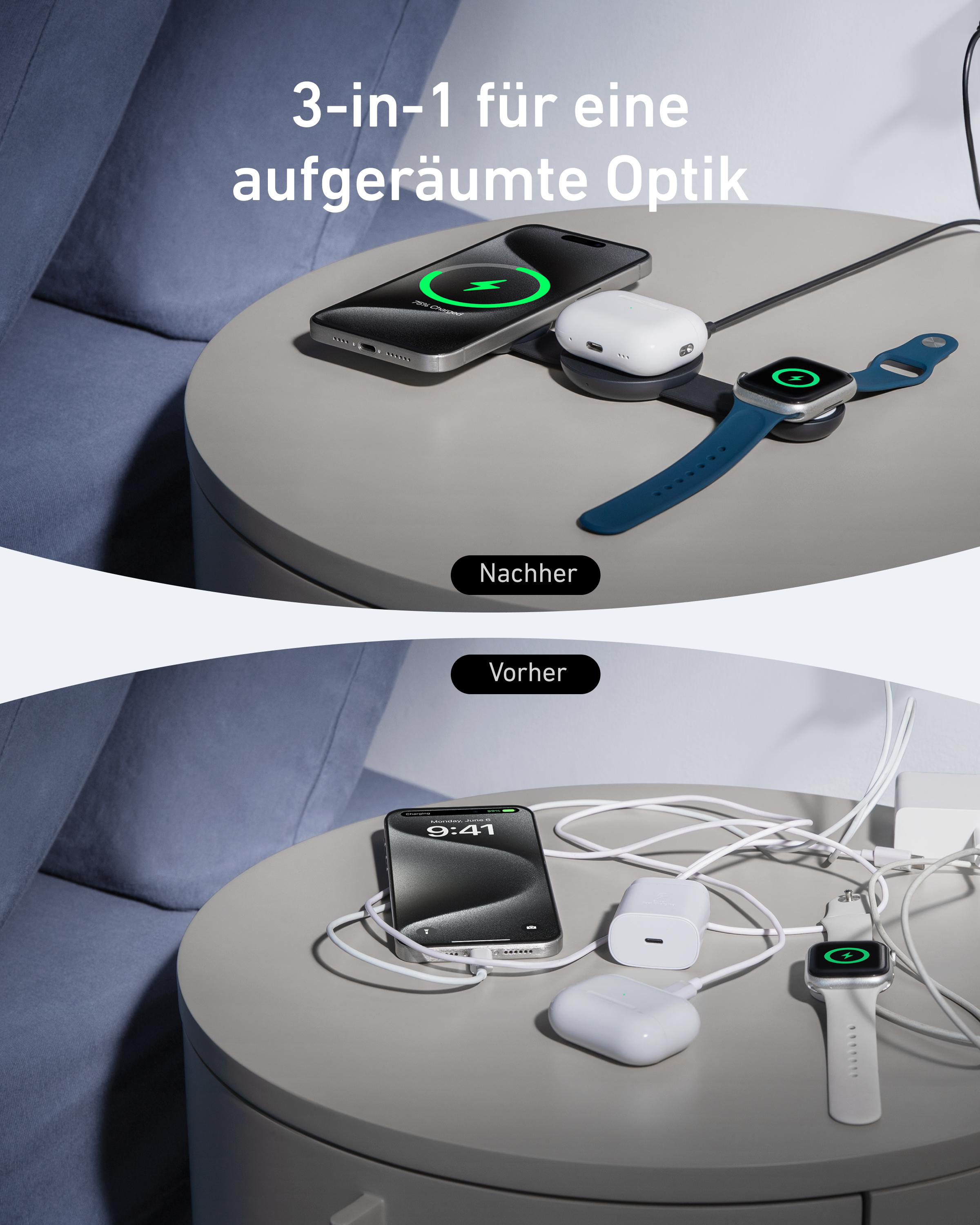Das Bild zeigt einen Vorher-Nachher-Vergleich von Ladegeräten. Danach ist ein ordentliches Setup zu sehen; davor ein unordentliches.