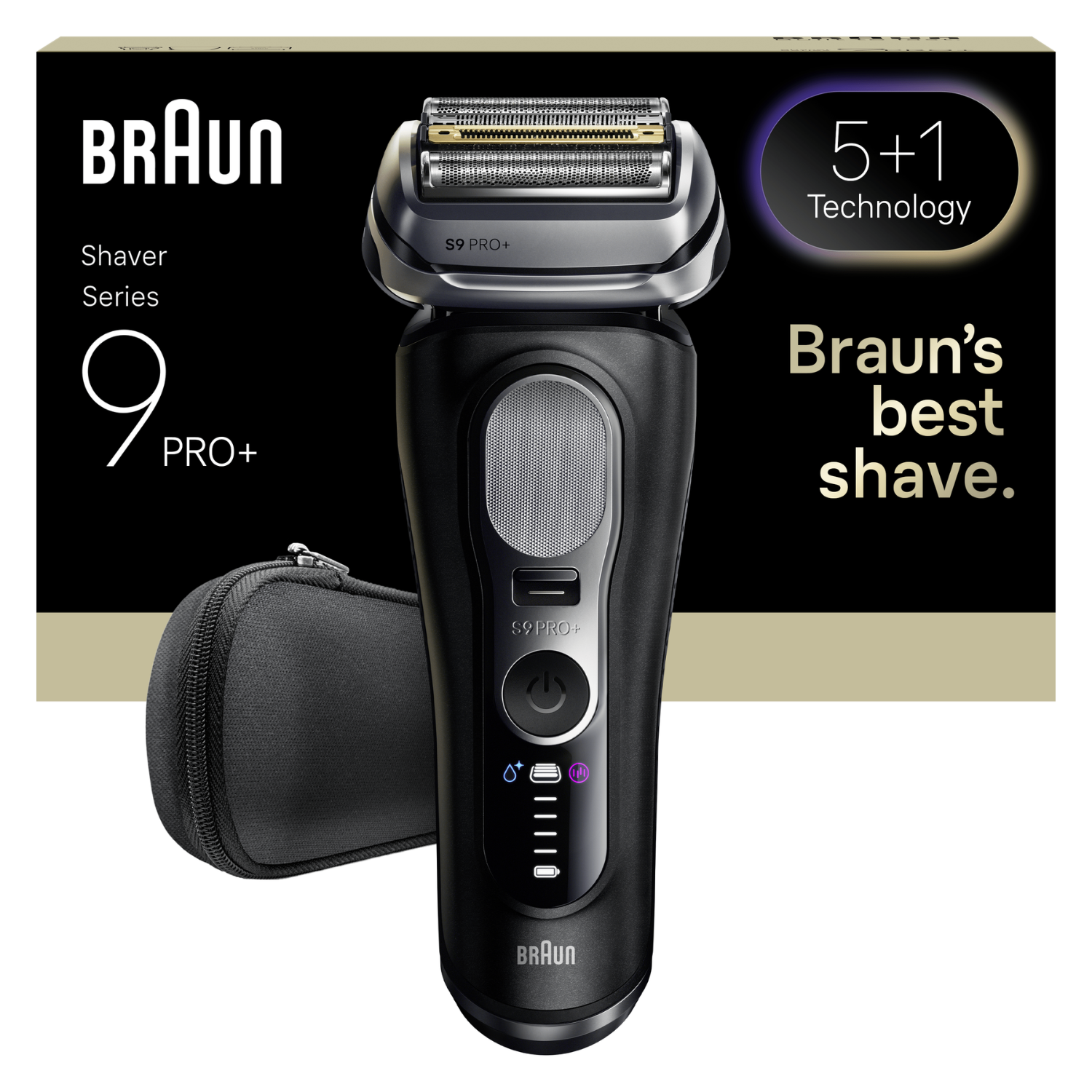 Una afeitadora Braun Series 9 Pro+ con cuerpo negro y cabezal plateado, más un estuche de viaje negro. Texto: Braun, 9 Pro+, 5+1 Tecnología.