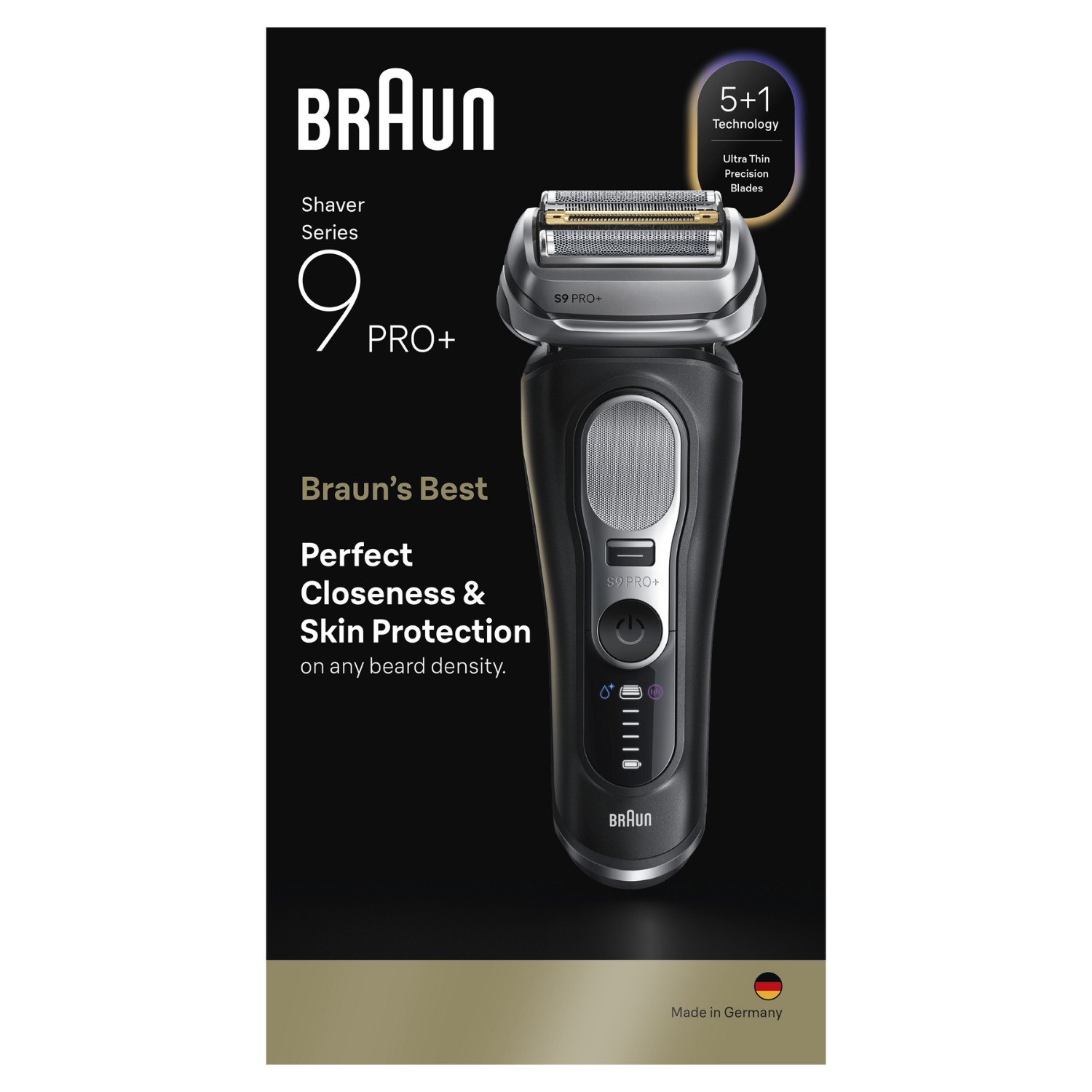 Afeitadora Braun Series 9 Pro+. Afeitadora negra y plateada enfocada en la cercanía y protección de la piel, con tecnología 5+1.