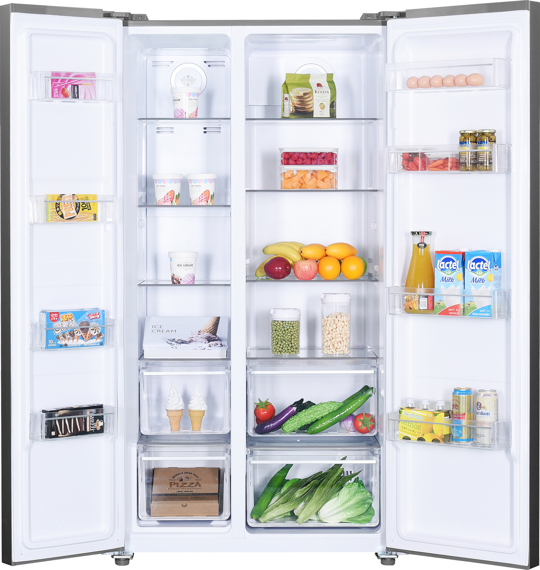 Ein Kühlschrank voller Lebensmittel wie Obst, Gemüse, Milchprodukte, Eis und Pizzakartons.