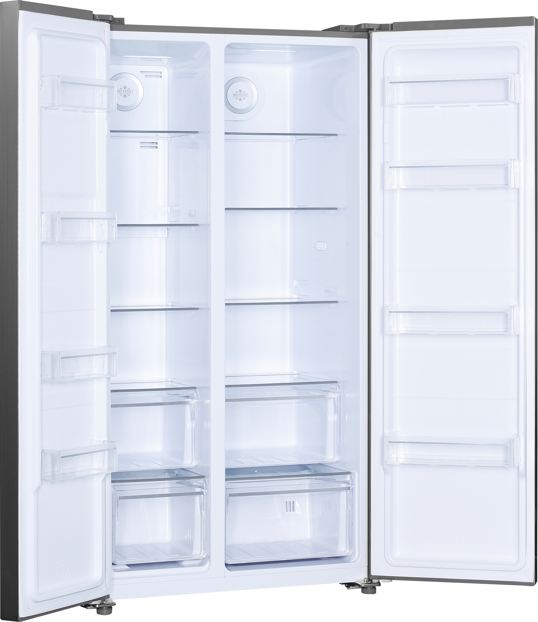 Ein offener, leerer, weißer Doppeltür-Kühlschrank. Im Inneren befinden sich Regale, Schubladen und transparente Kunststofffächer. Die Türen sind leicht geöffnet.