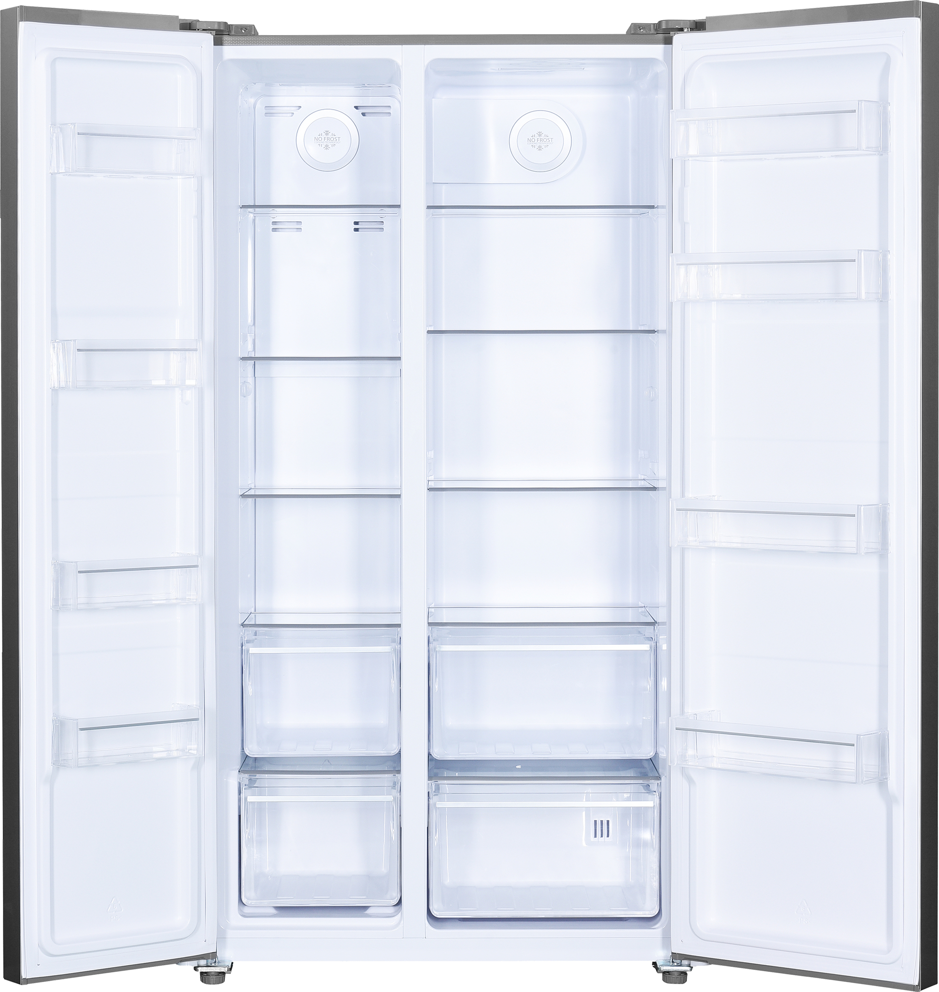 Ein offener, leerer Kühlschrank aus Edelstahl. Regale, Schubladen und Türfächer sind sichtbar. Der Innenraum ist weiß.