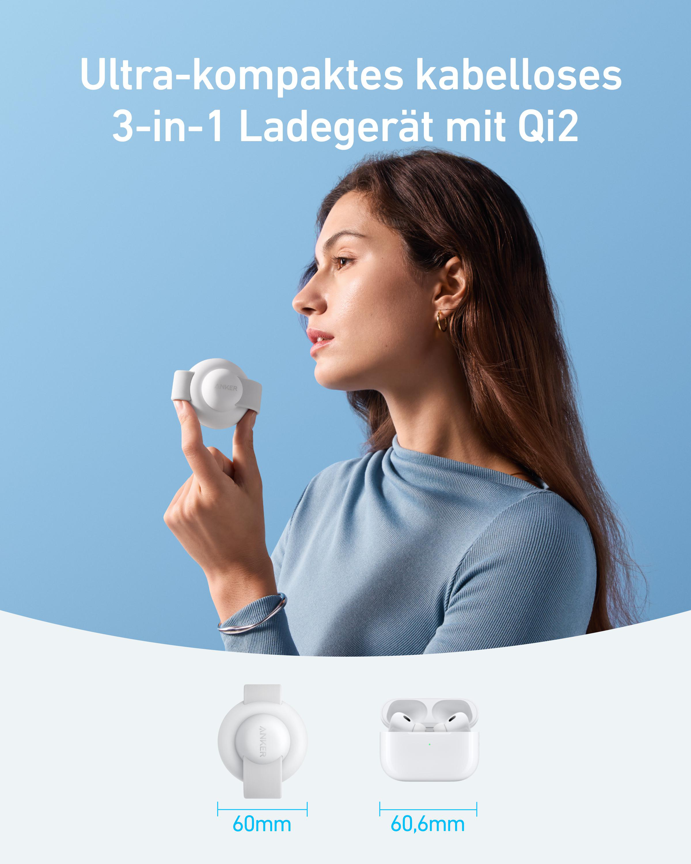 Eine Frau hält ein weißes Anker-Ladegerät. Text oben: 'Ultra-kompaktes kabelloses 3-in-1 Ladegerät mit Qi2'.