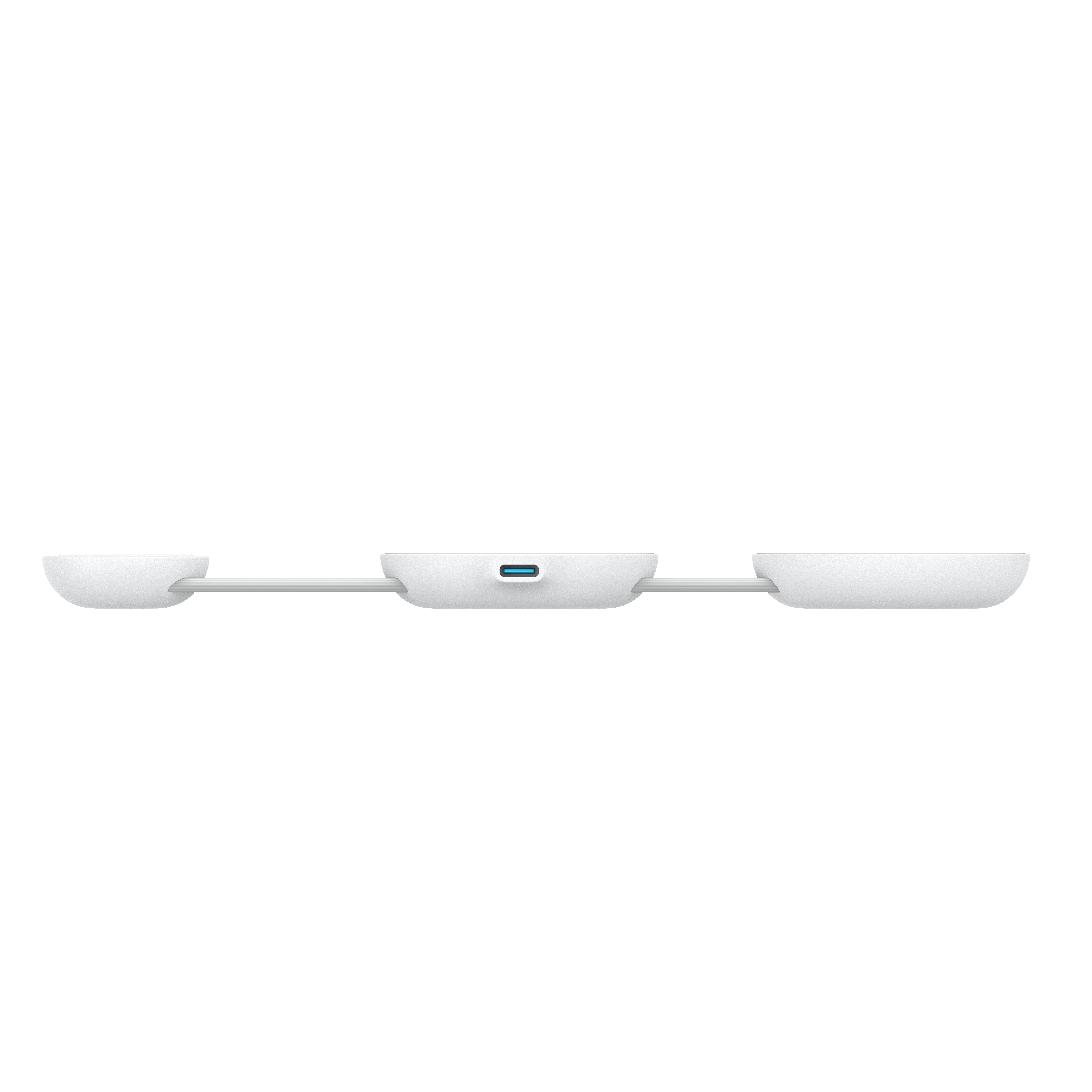 Ein weißes Gerät mit einem blauen USB-C-Anschluss in der Mitte, mit löffelartigen Formen an beiden Seiten, und weißem Hintergrund.