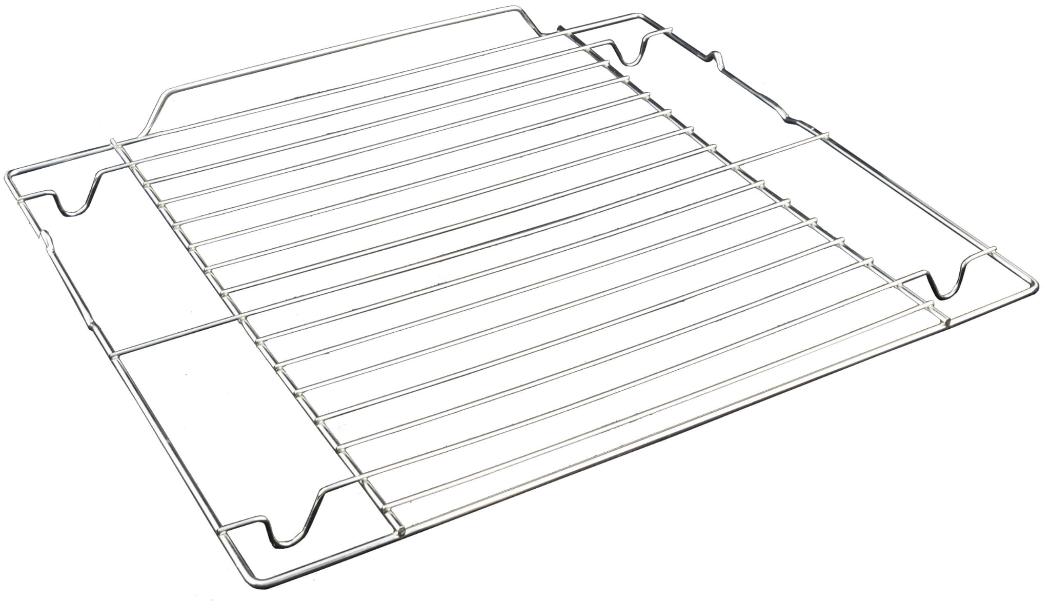 Ruszta piekarnika ze stali nierdzewnej na białym tle. Ma wzór kratki z poziomymi i pionowymi prętami.