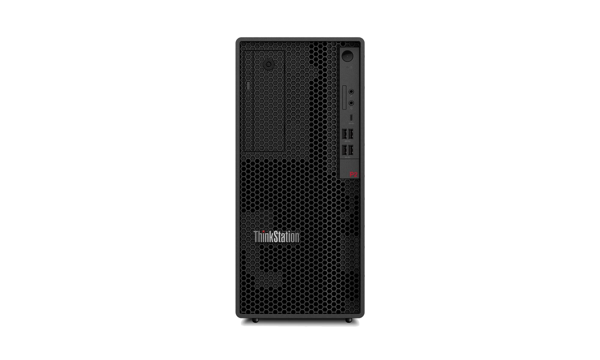 Una torre de computadora ThinkStation negra. Tiene un diseño de panal en el frente y el logotipo de ThinkStation. Fondo negro.
