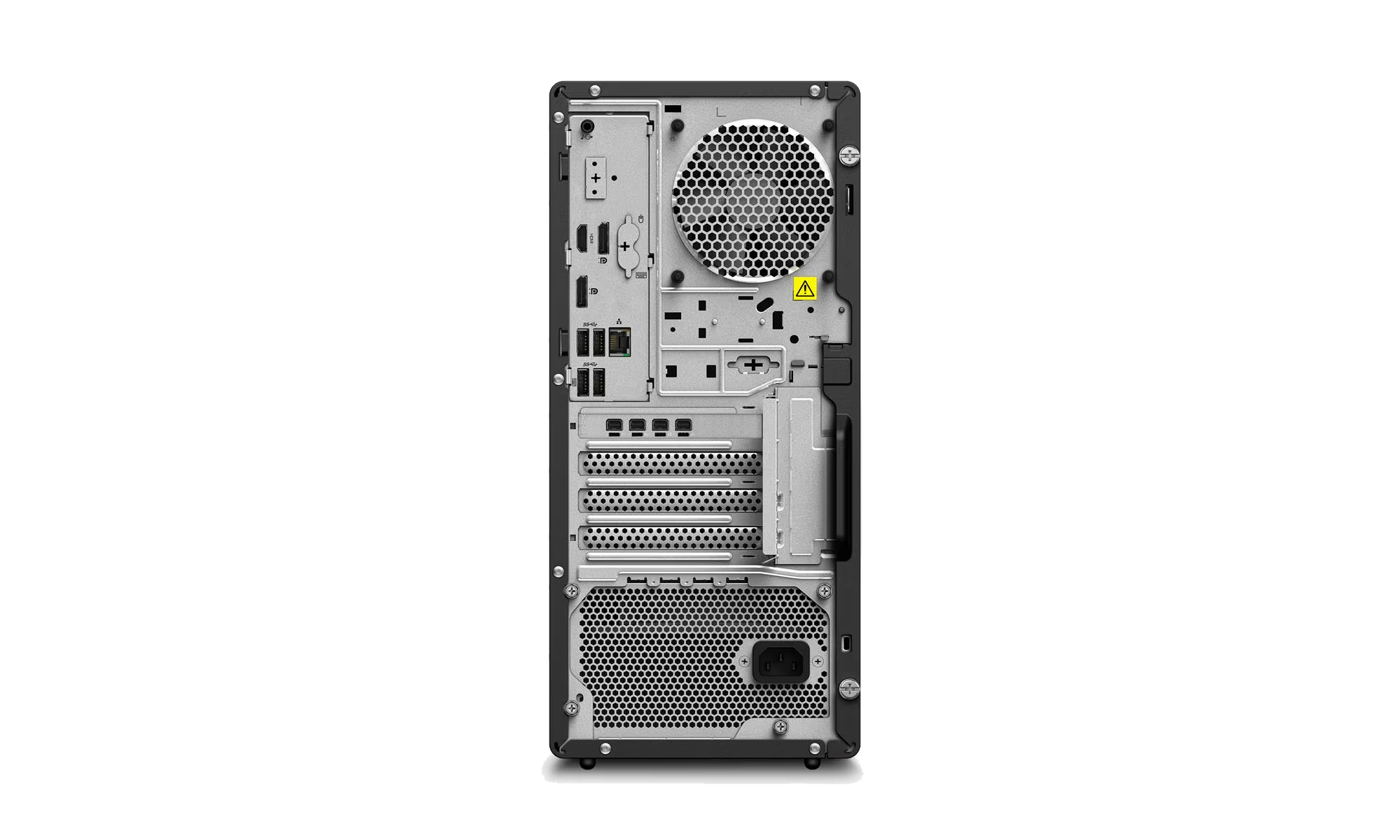 Vista trasera de una computadora de escritorio negra. Muestra varios puertos, un ventilador, una fuente de alimentación y un triángulo de advertencia.