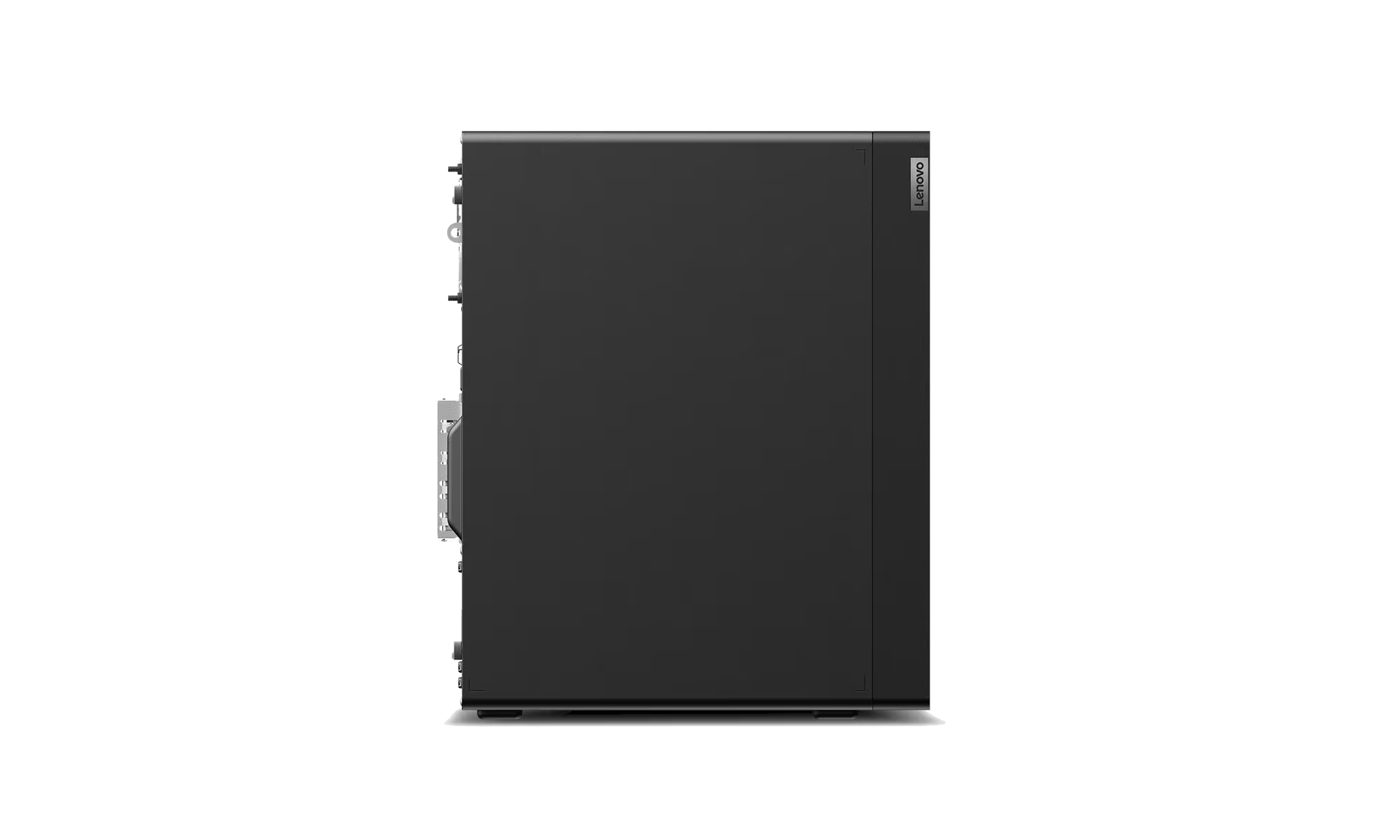 Una computadora de escritorio Lenovo negra. La vista lateral muestra el logotipo de Lenovo y el diseño de la computadora sobre un fondo negro.