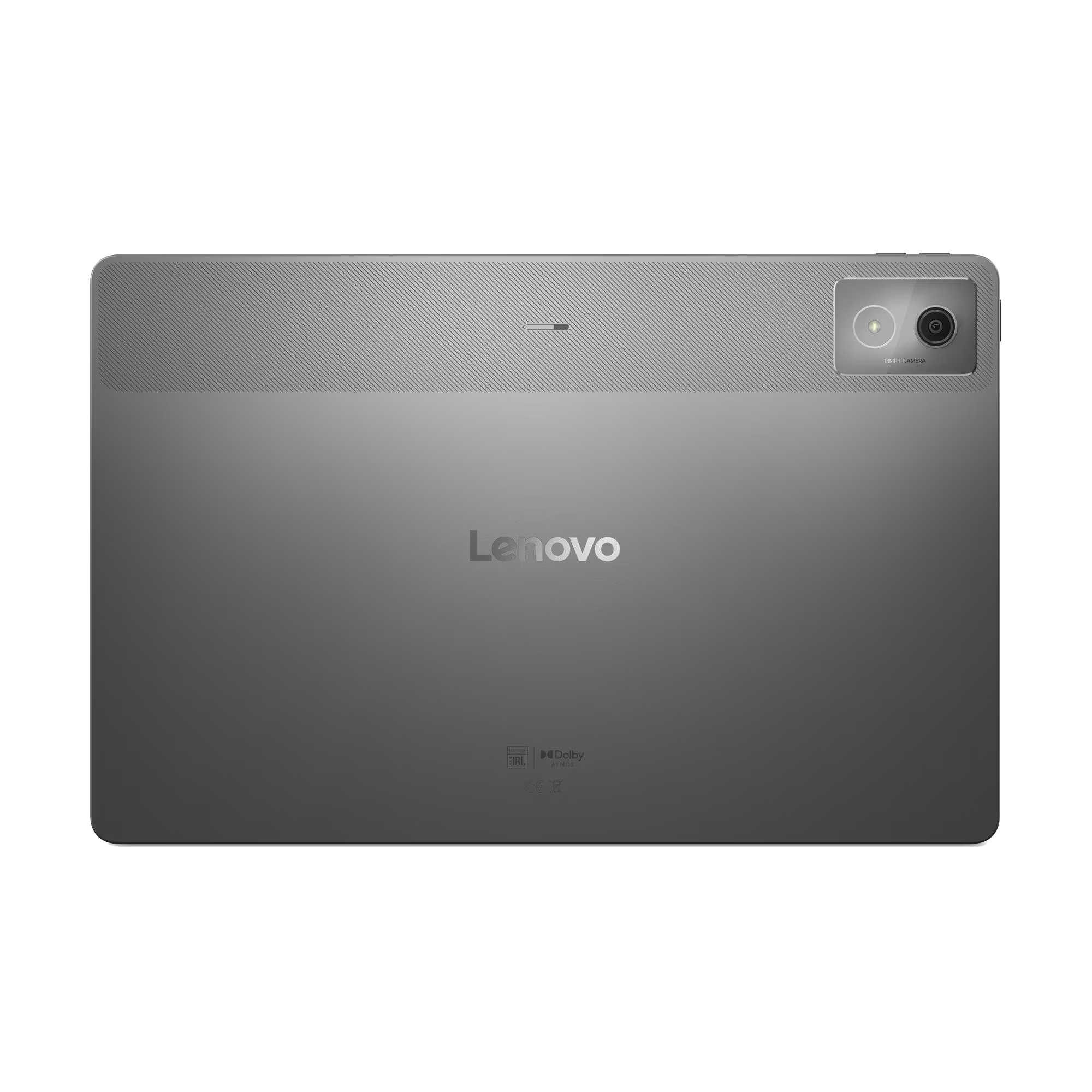 Vista trasera de la tableta. Cuerpo gris con logo Lenovo. Módulo de cámara arriba derecha. Logos JBL y Dolby abajo.