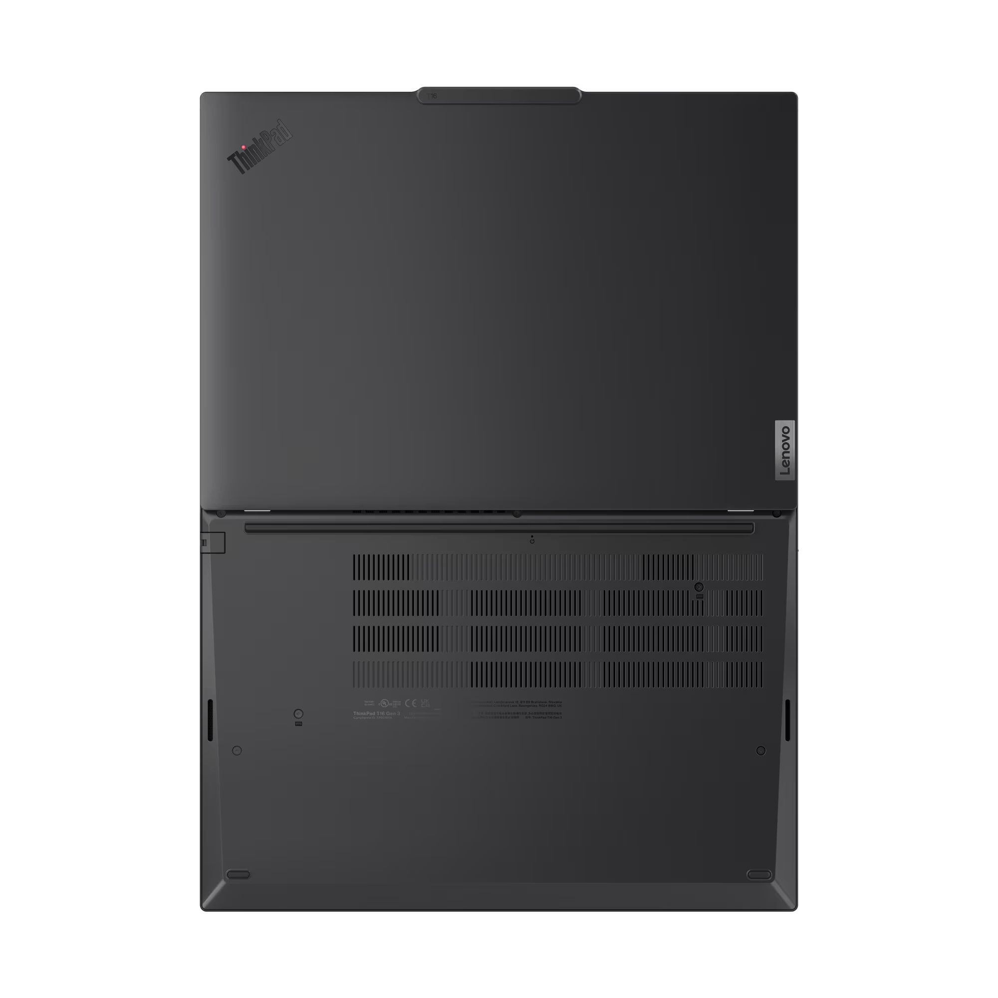 Un portátil Lenovo ThinkPad gris oscuro, vista superior, abierto. Logotipo de ThinkPad en la tapa, logotipo de Lenovo en la base. Fondo negro.