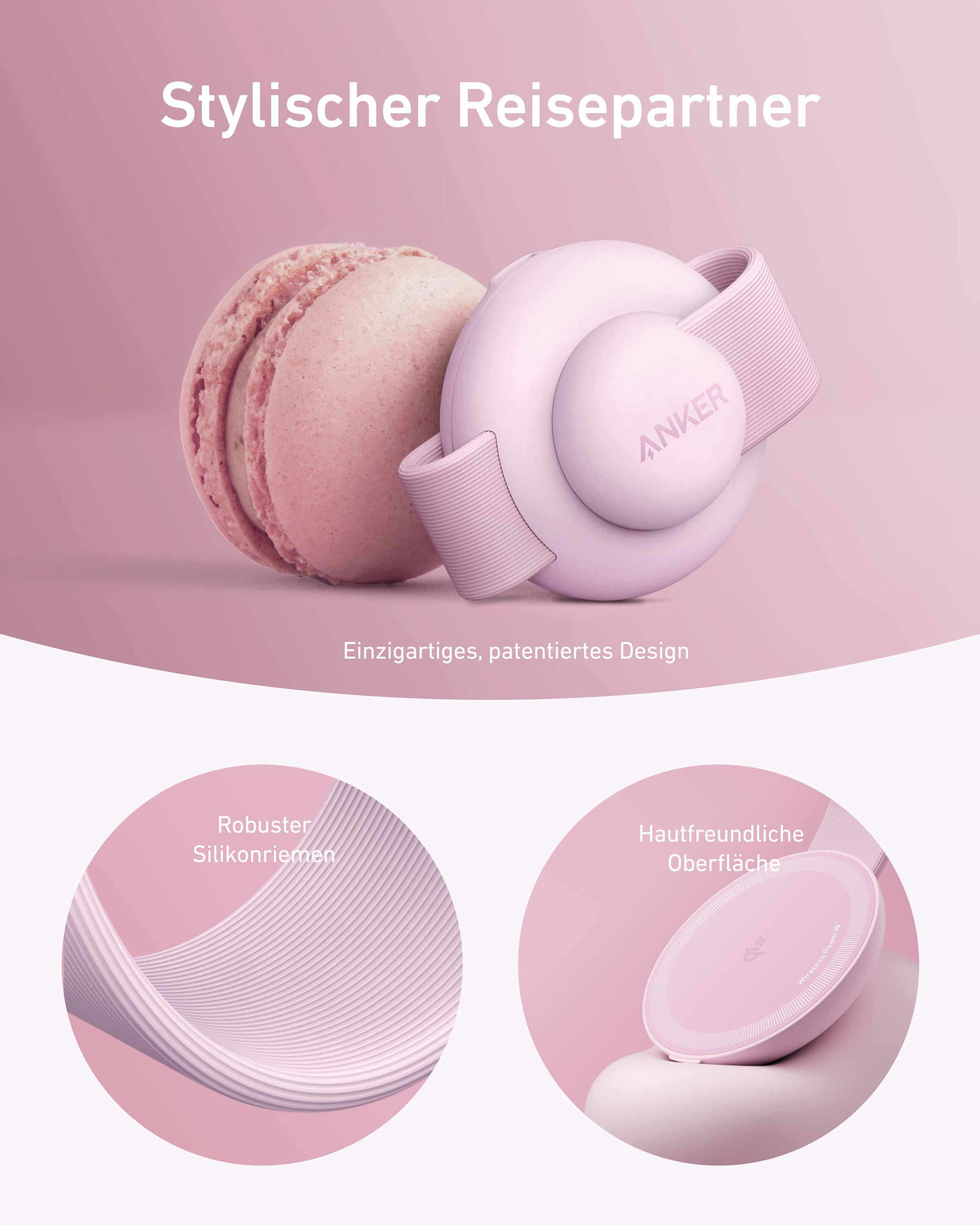 Rosa kabelloses Ladegerät mit Makrone. Merkmale sind ein Silikonband, hautfreundliche Oberfläche und das Anker-Logo.