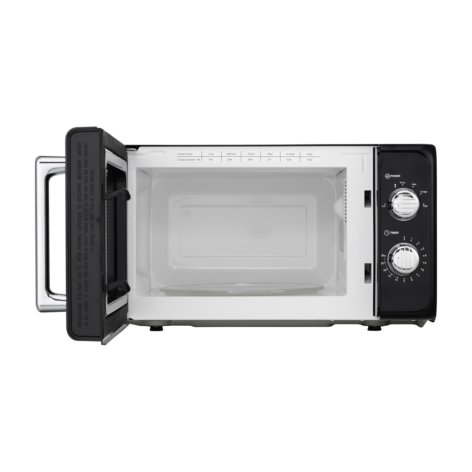 Forno a microonde nero con porta aperta. L'interno è vuoto. Comandi sul lato destro per potenza e timer. Testo sulla porta sinistra.