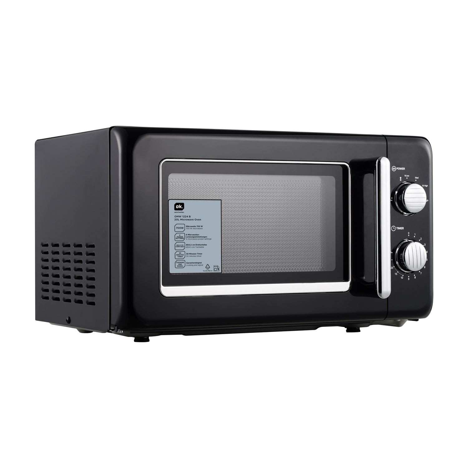 Un forno a microonde nero con porta in vetro e manopole di controllo. Ha un'etichetta sul lato e poggia su una superficie bianca.