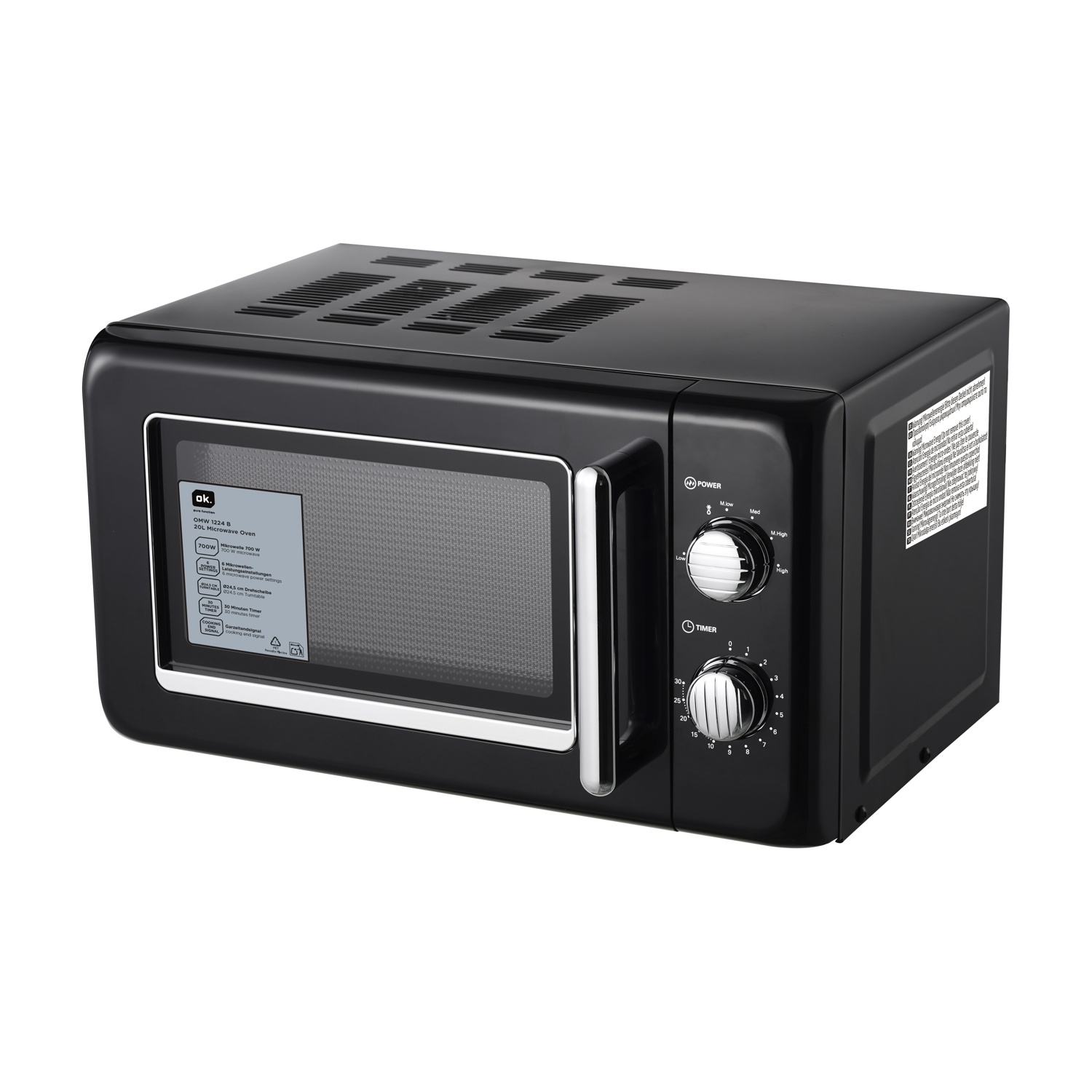 Un forno a microonde nero con finiture argentate. Ha manopole di controllo per l'alimentazione e il tempo e una porta a vetri.