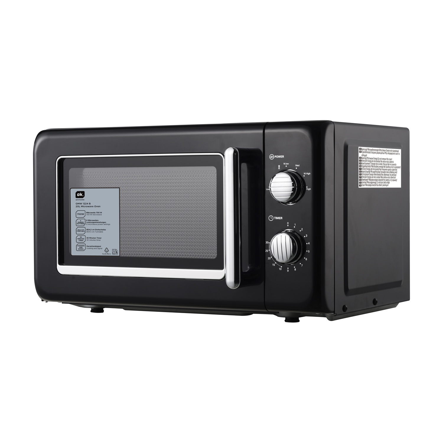 Un forno a microonde nero con manopole di controllo e porta a vetro, su sfondo bianco. Il marchio è ok.