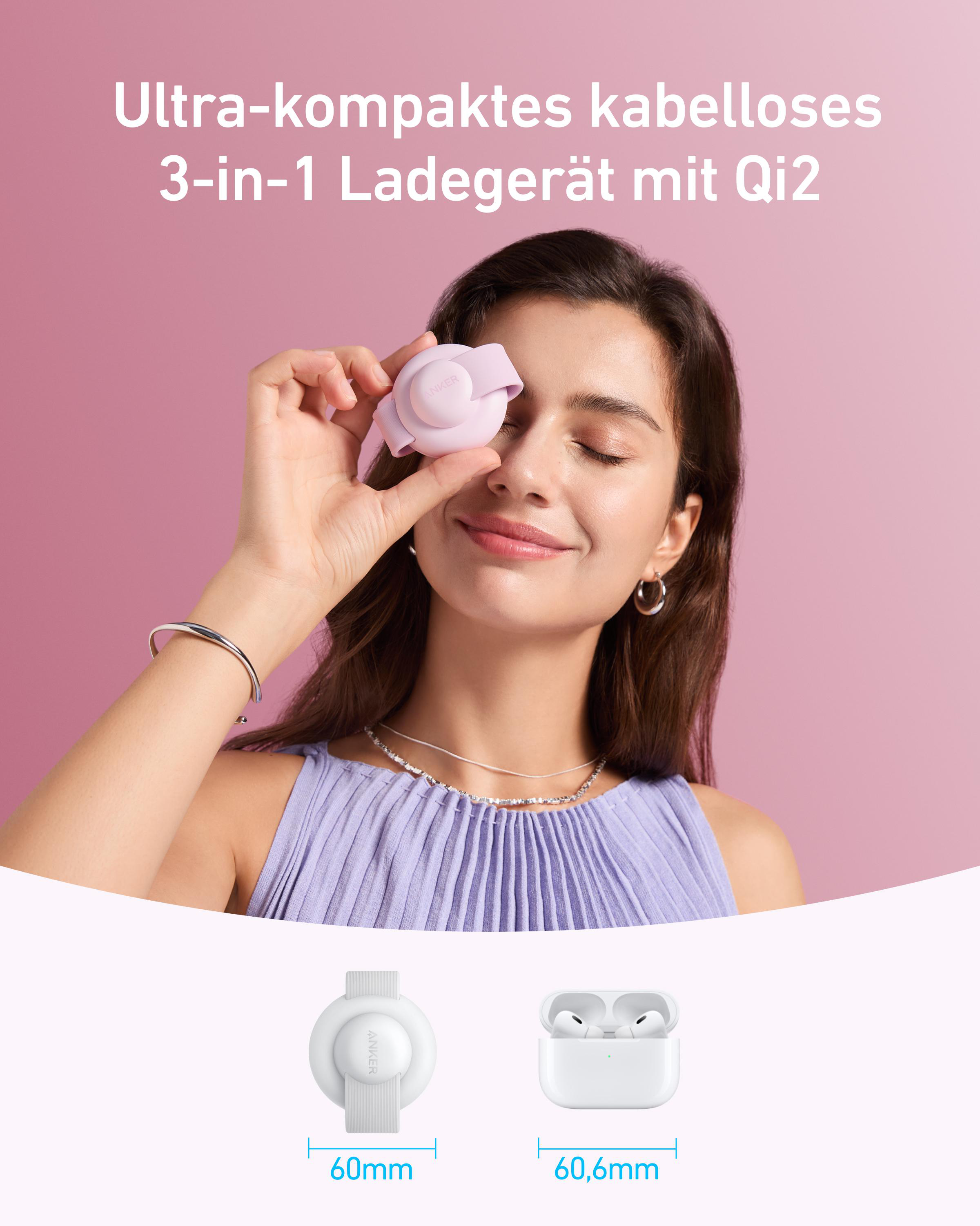 Frau hält ein rosa Anker-Ladegerät vor ihrem Auge. Text: Ultra-kompaktes kabelloses 3-in-1 Ladegerät mit Qi2.