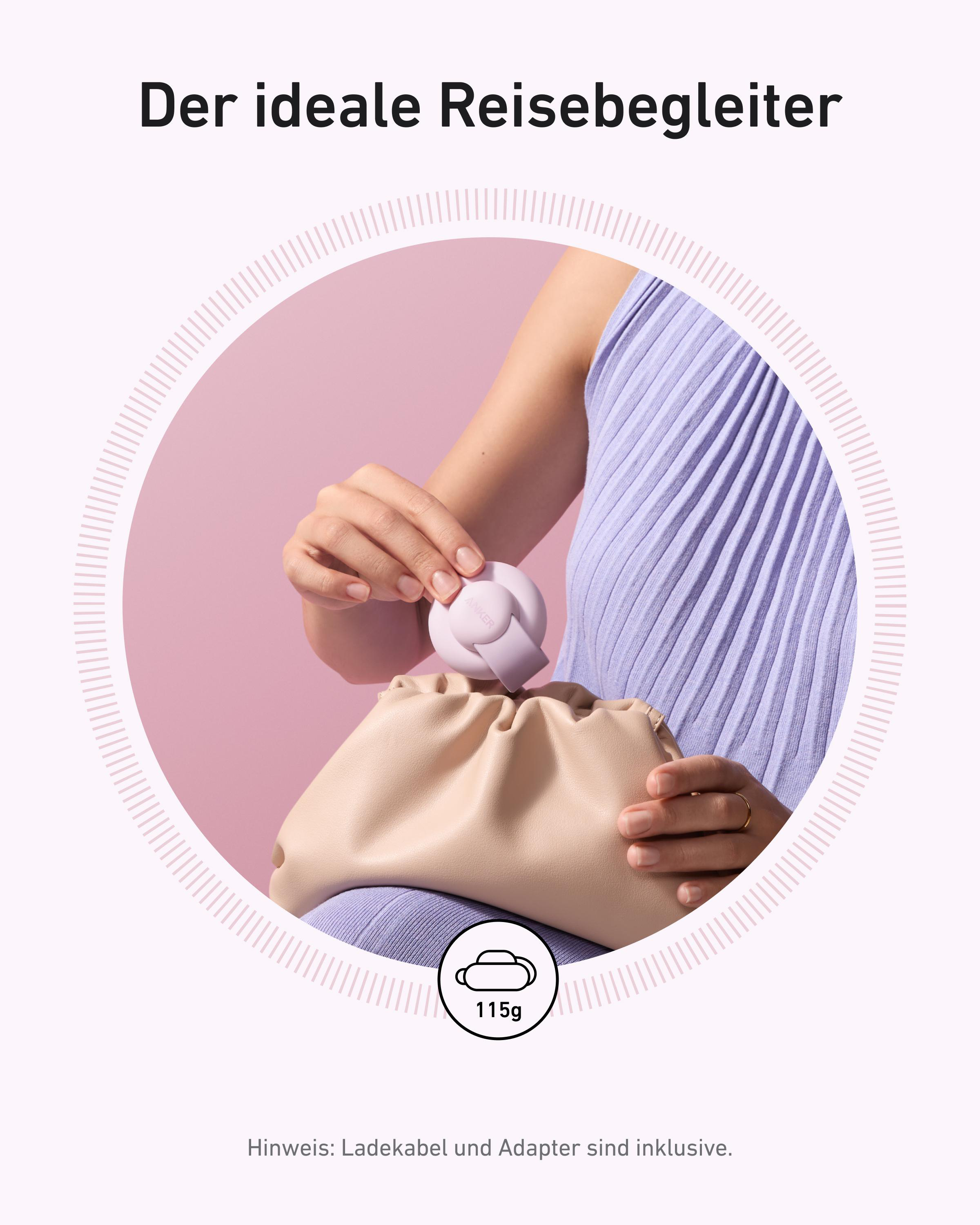 Eine Person hält ein lila Gerät über einer beigen Tasche. Der Hintergrund ist rosa mit Text. Eine Grafik zeigt 115g.
