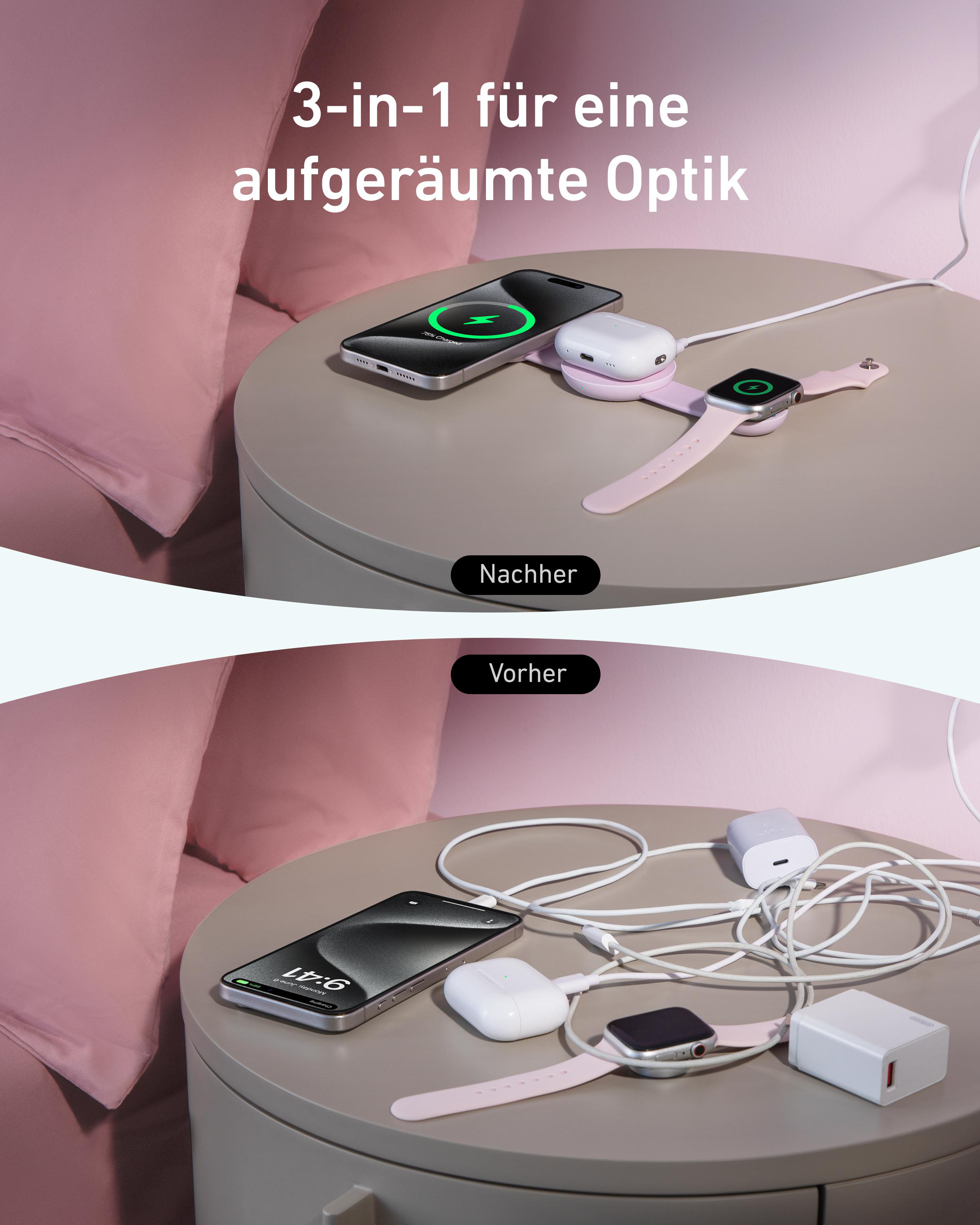 Das Bild zeigt einen Vorher-Nachher-Vergleich eines Ladeaufbaus. Vorher: unordentliche Kabel. Nachher: sauberes Laden von Telefon, Kopfhörern und Uhr.