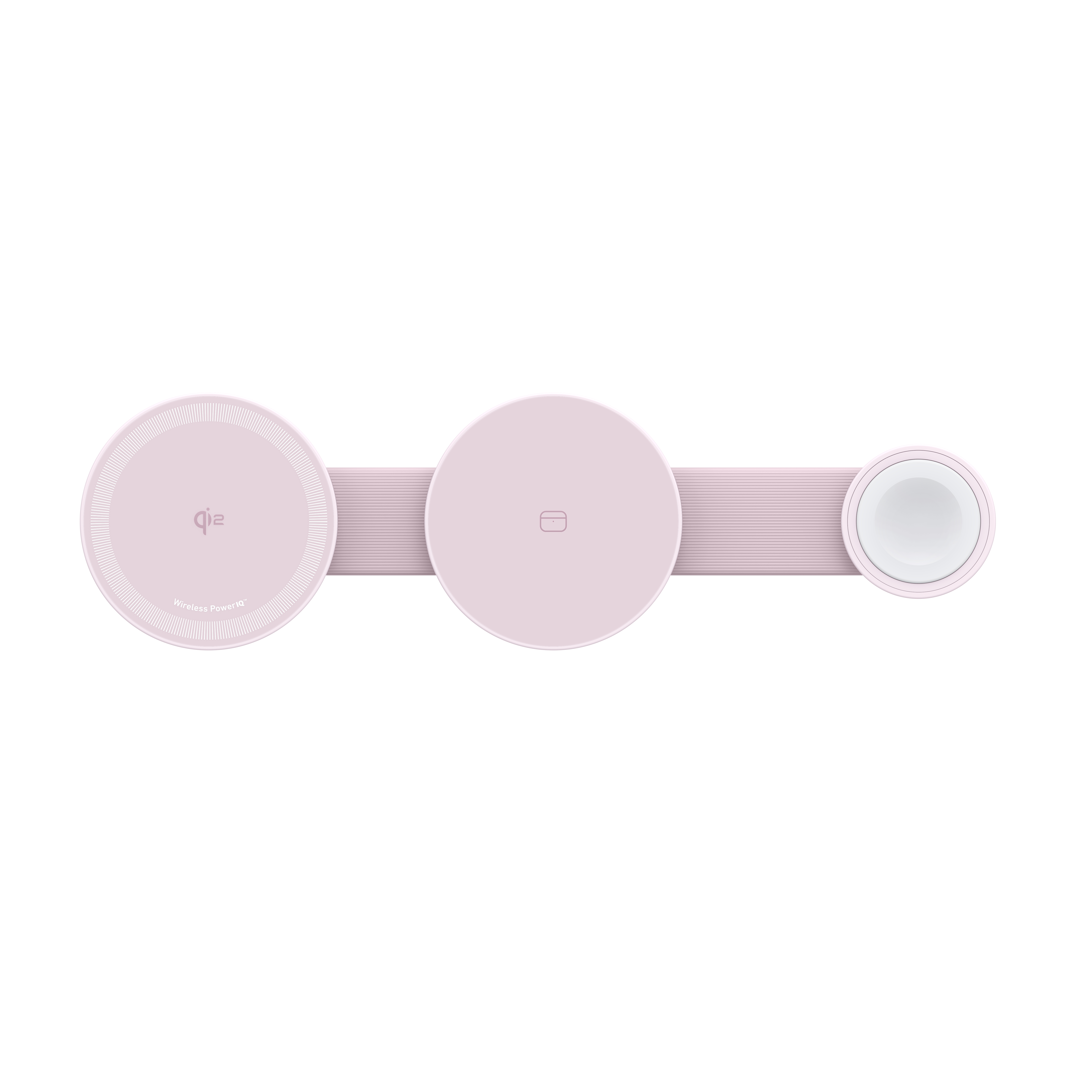 Ein rosa kabelloses Ladegerät mit drei kreisförmigen Ladeflächen, verbunden durch eine gerippte Brücke, auf weißem Hintergrund.