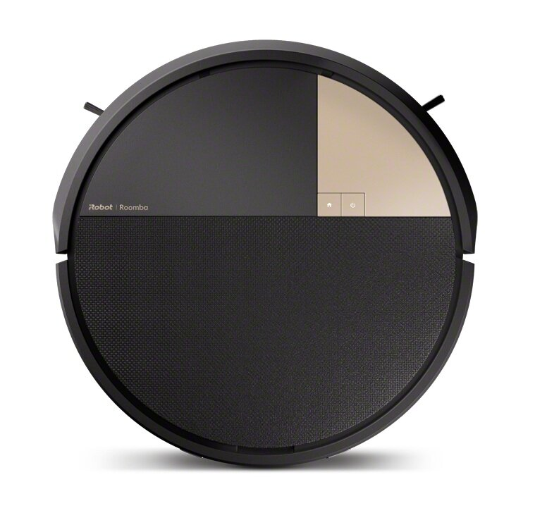 Widok z góry na czarny odkurzacz Roomba. Ma teksturowaną dolną połowę, beżową sekcję i dwie małe anteny.