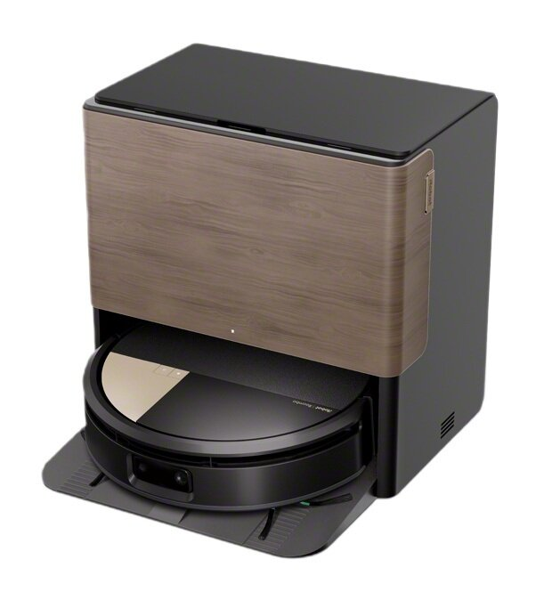 Robot odkurzacz w stacji ładującej. Ma drewniane wykończenie i czarny blat, z widocznym odkurzaczem.