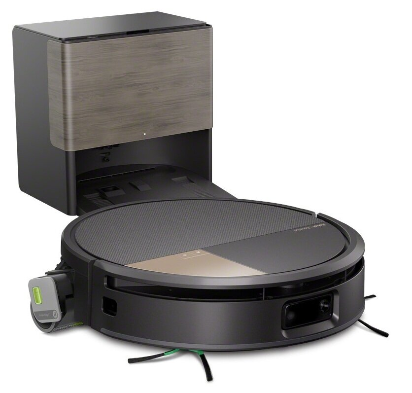 Czarny i szary robot odkurzający i stacja ładująca. Stacja ma panel z fakturą drewna, a odkurzacz złotą sekcję.