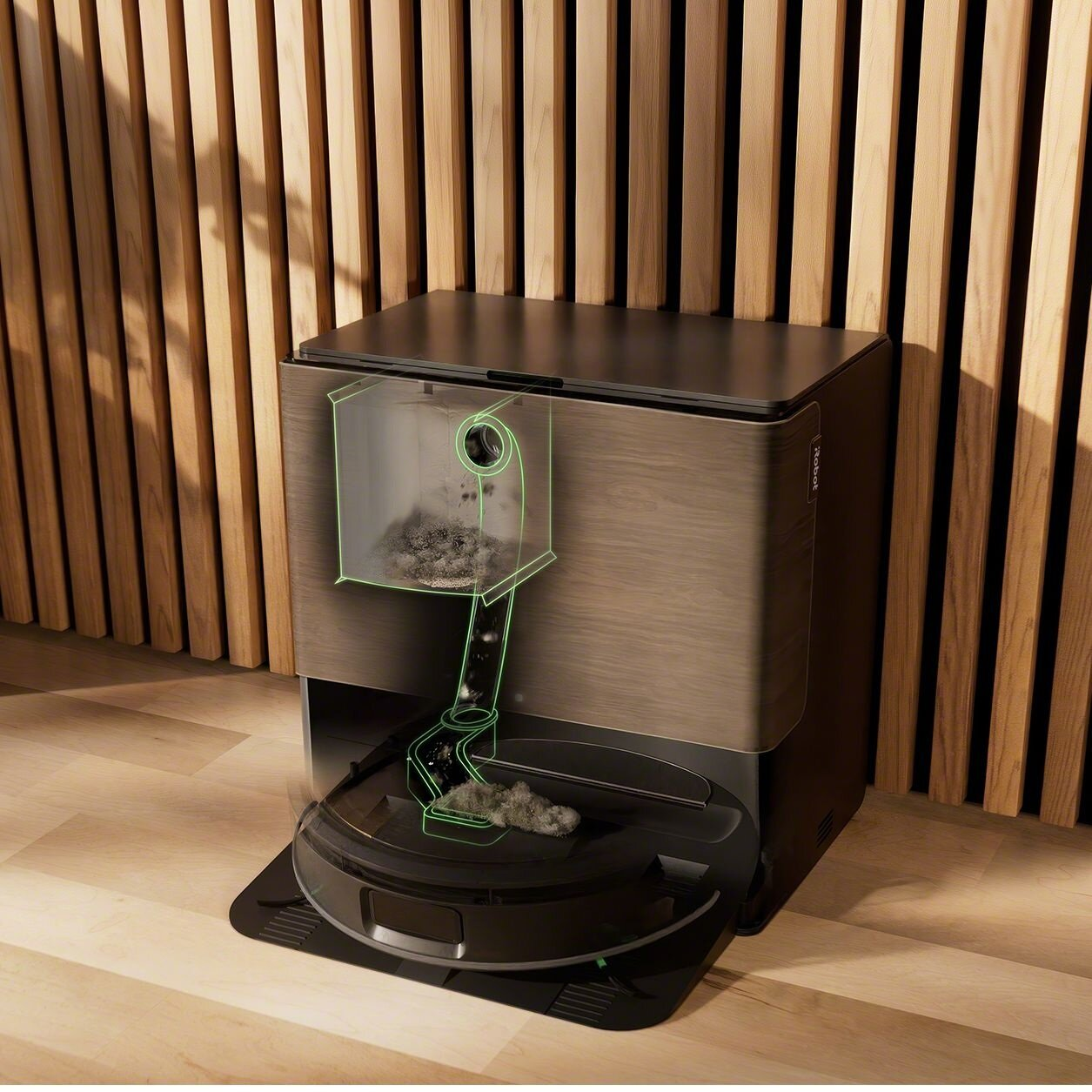 Robot odkurzający deponuje zanieczyszczenia do pojemnika. Drewniane tło. Proces jest podświetlony zielonymi liniami.