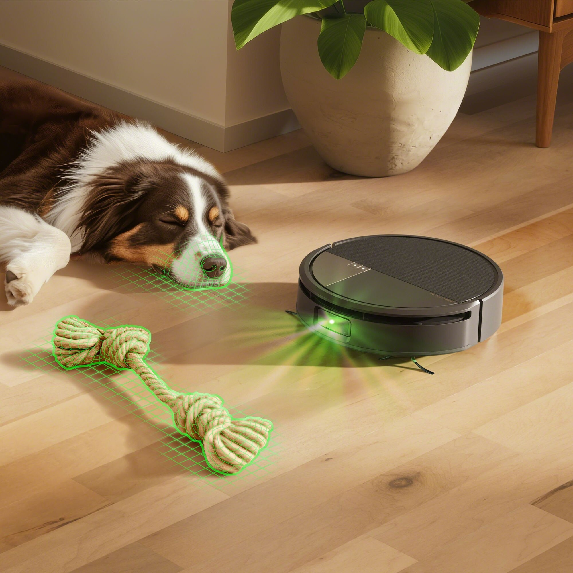 Śpiący pies obok zabawki i robota sprzątającego na drewnianej podłodze. W tle doniczka.